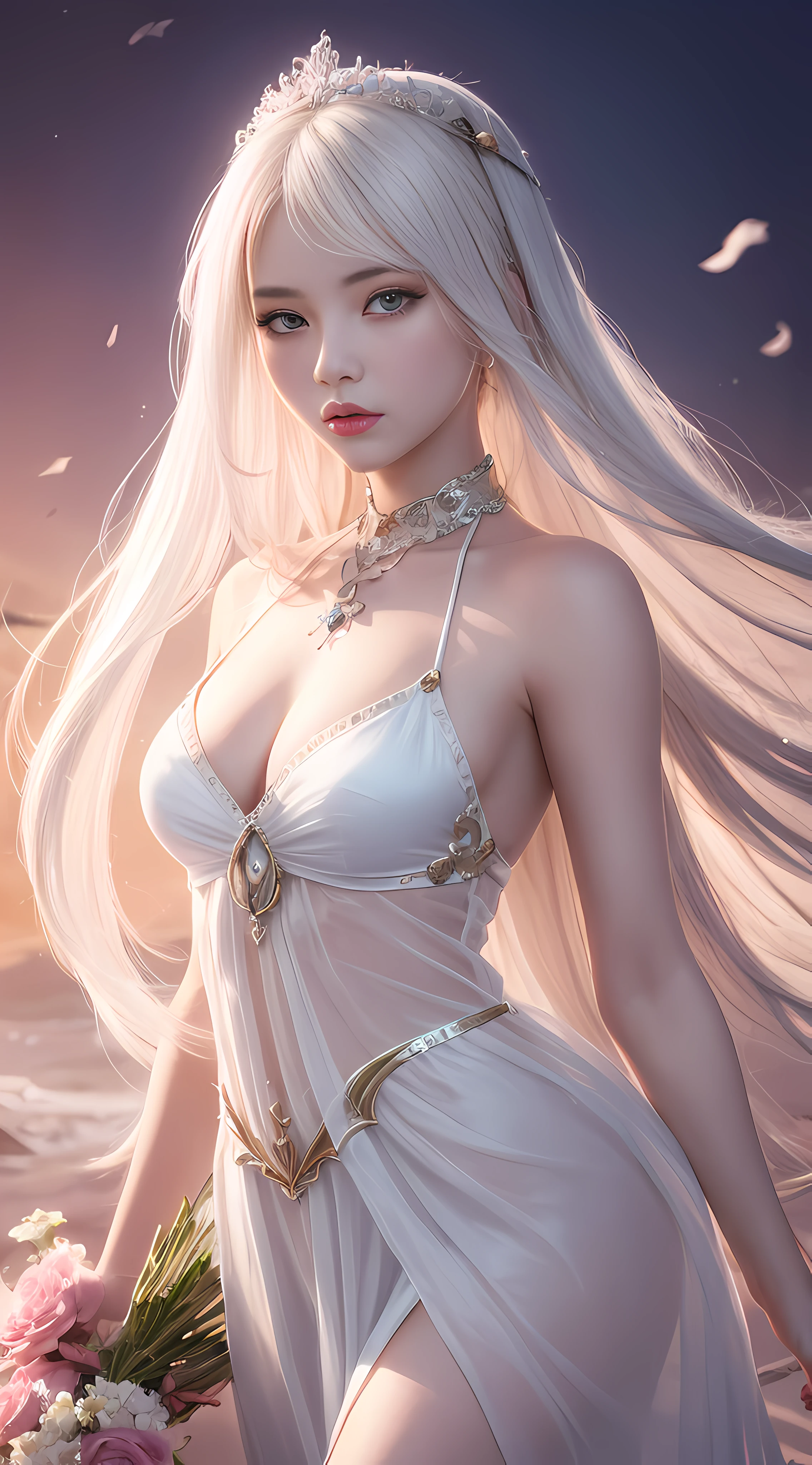 Girl with long white hair and flower dress,Digital art inspired by Ai Xuan,CGSoation trend,Fantasyart,((beautiful fantasy empress)),EtherealBeauty,beautiful fantasy empress,8K high quality detail art,Beautiful fantasy anime,Ethereal fantasy,beautiful youth spirit,guweiz,cgstation trend ((High quality transparent silk))