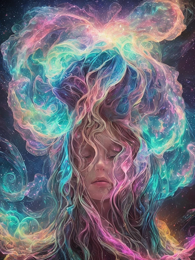 shining heart, fear, flowing, fractal nebula threads, iridescent, rain, cosmic entities, celestial, cosmic, transparent, vibrant and vivid, swirls, twirling, unrealistic, high contrast, symobolism, magical, mystical, mystifying, hyperrealistic, oversaturate, colorfully, hopeless, heartbreak, dark,