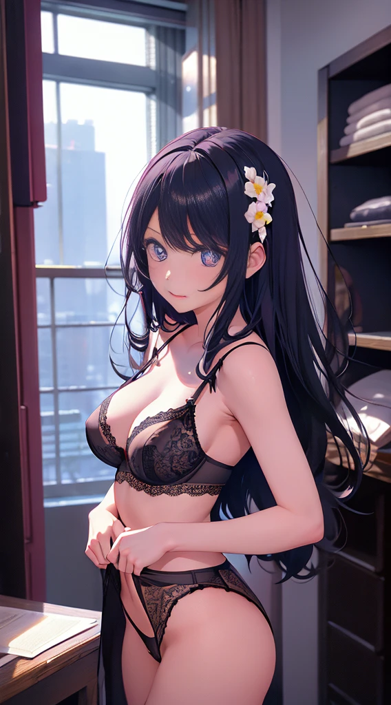 masterpiece, High resolution, perfect lighting, Ai Hoshino, sexy black lingerie, (((slutty lingerie))), dressing room, professional art,