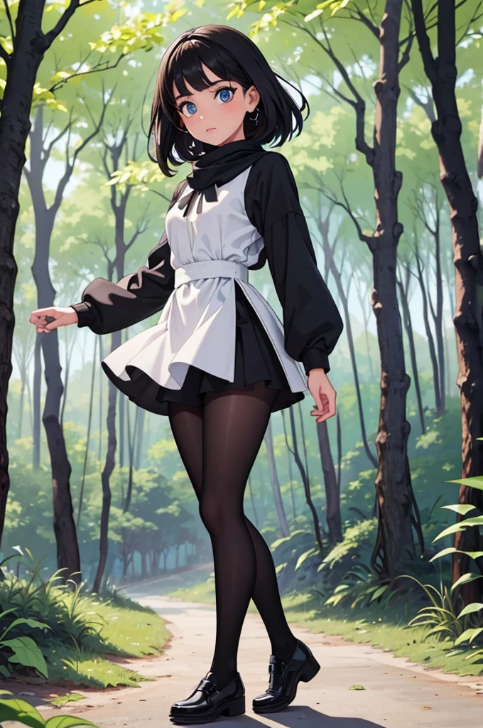 linda jovem com rosto bem detalhado e bonito, belos olhos, belos olhos, rosto lindo, beautiful young woman wearing black tights, sueter apertado branco, short pantyhose, Standing in a forest, usando salto alto, cabelo curto preto, morena ]