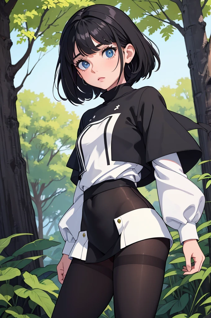 linda jovem com rosto bem detalhado e bonito, belos olhos, belos olhos, rosto lindo, beautiful young woman wearing black tights, sueter apertado branco, short pantyhose, Standing in a forest, usando salto alto, cabelo curto preto, morena ]