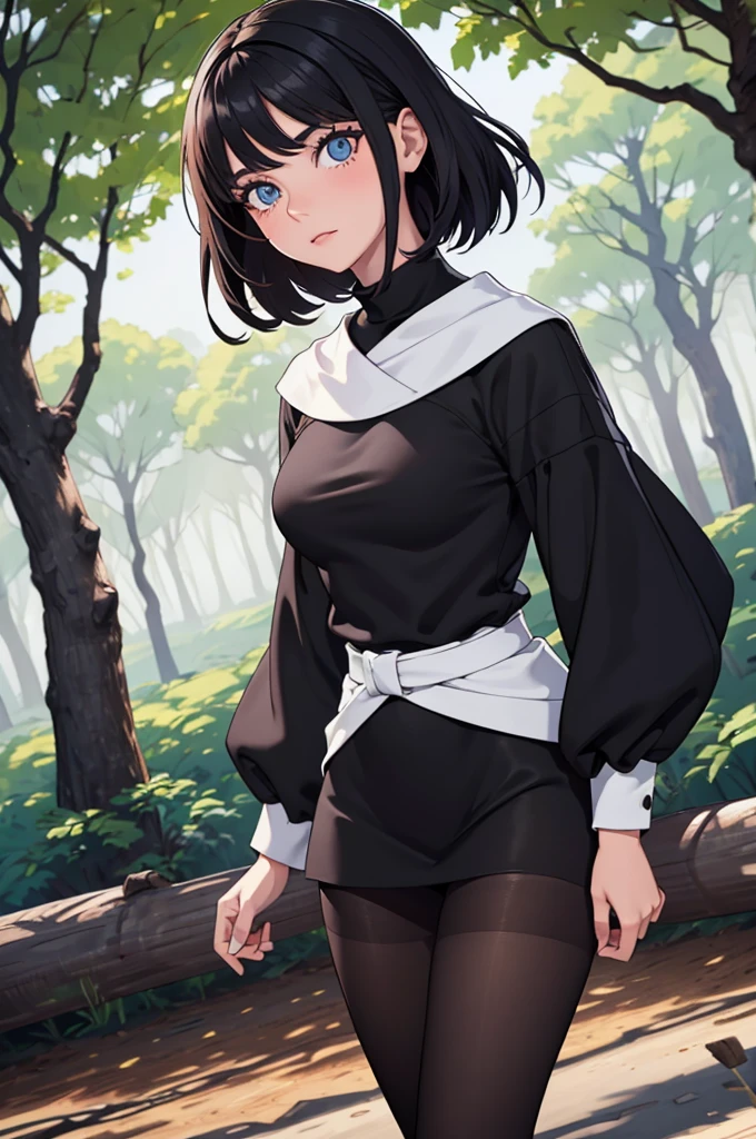 linda jovem com rosto bem detalhado e bonito, belos olhos, belos olhos, rosto lindo, beautiful young woman wearing black tights, sueter apertado branco, short pantyhose, Standing in a forest, usando salto alto, cabelo curto preto, morena ]