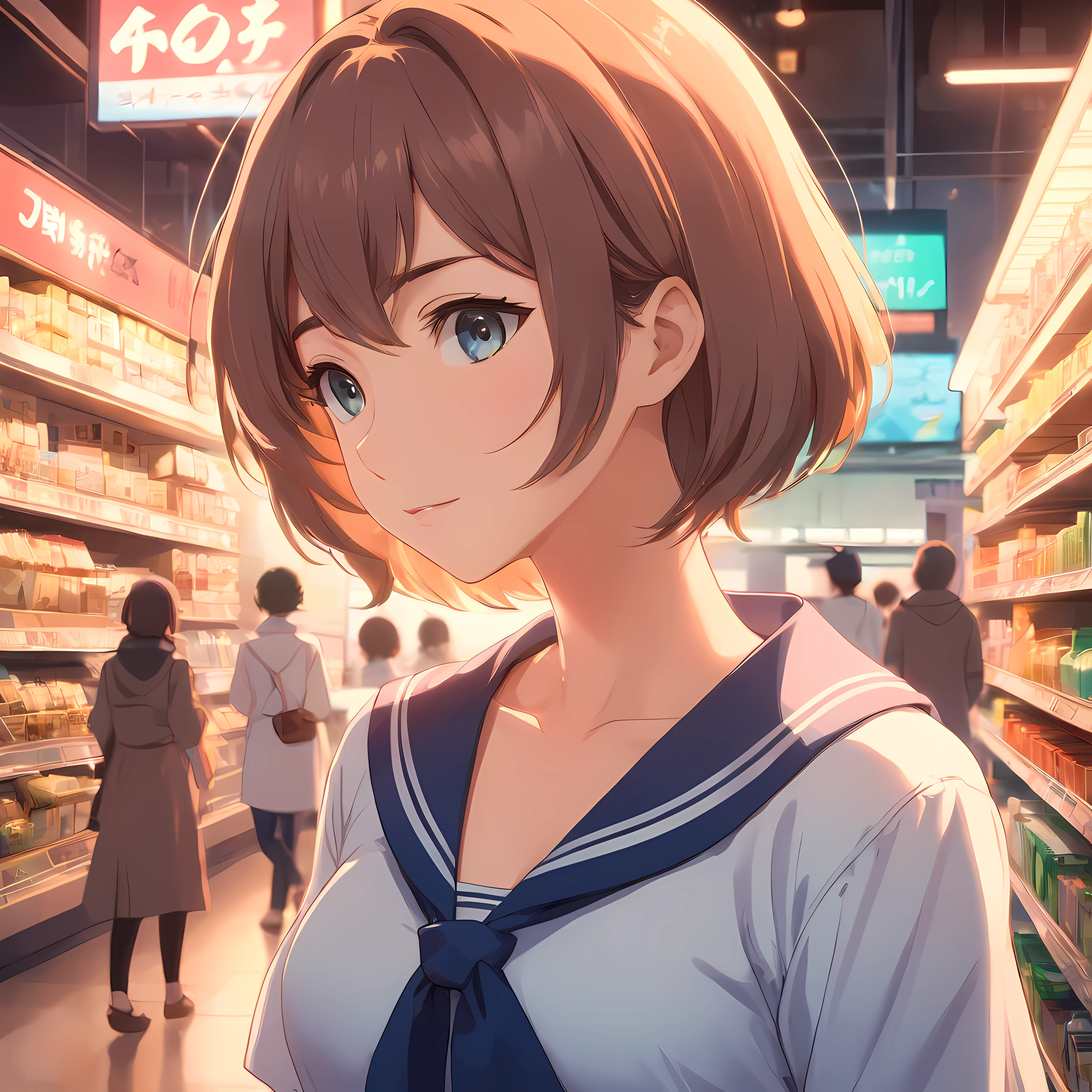 tmasterpiece,Best quality at best,cinematic Film still from,1 busty girl,Sailor suit girl,Shopping,Close-up cleavage,dimly lit,grieves,Light light,natta