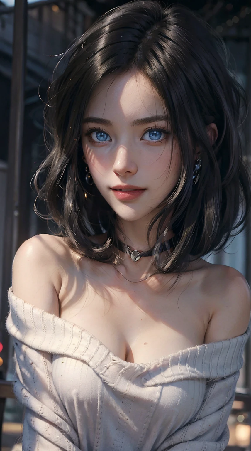 ((((masterpiece, best quality, high resolution)))), (1girl:1.5), ((short silky hair, black hair, blue eyes, earrings, choker)), (medium breasts:1.2), blush, (light smile, parted lips), glow, thighs, bare shoulders, collarbone, narrow waist, (slender body figure), cleavage, (beautiful detailed face, beautiful detailed eyes), ((off shoulders sweater)), looking at viewer, nighttime, winter outdoor, portrait shot