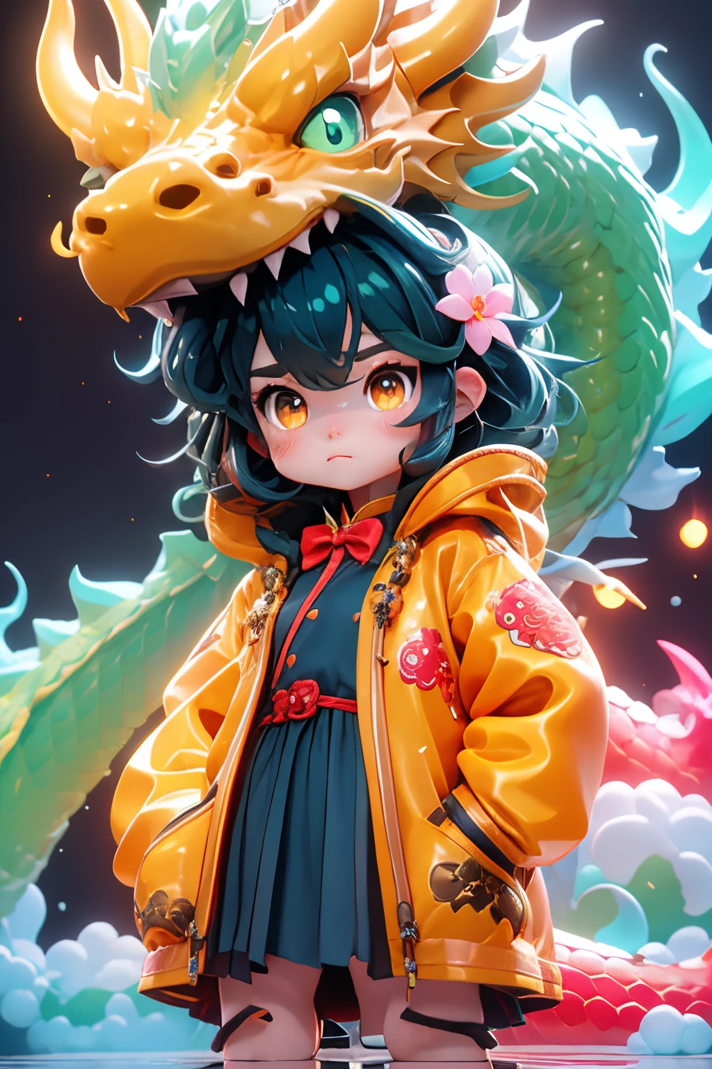 masterpiece,best quality,blue crystal shining Dragon,in the style of kawacy,shiny eyes,(li：1.2),(petite:1.2),Pink hair,Yellow eyes, (red Jacket),high ponytail,white collared shirt,hair flower,fipped hair,floating hair,Frown,hands in pockets,black dress,red bowtie,(solo),dragonhead