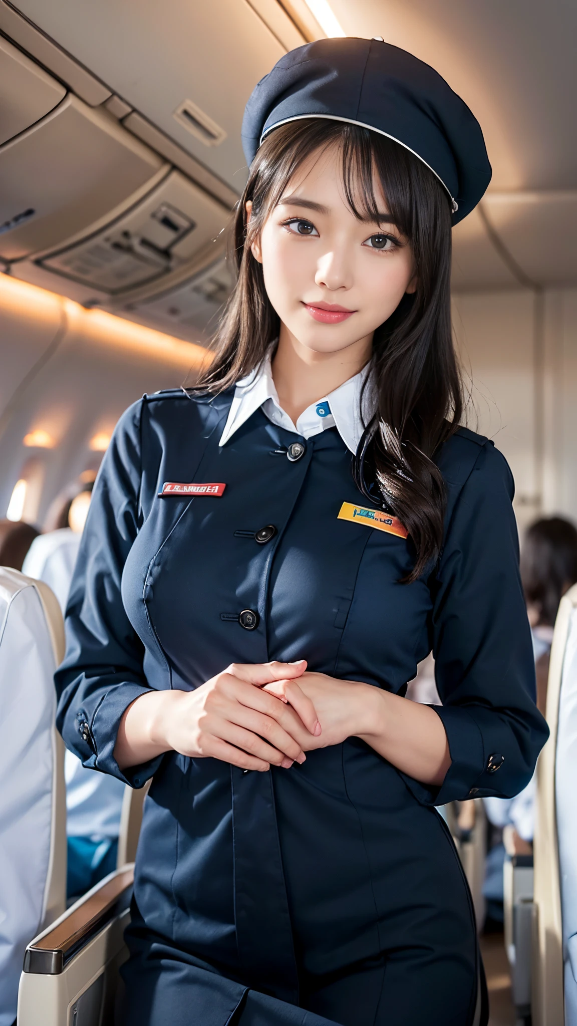 one japanese woman, Solo, 30-years old, looking at viewer, hyperdetailed face, Detailed lips, A detailed eye, double eyelid eyes, fluffy brown eyelash bob hair, Like an airplane stewardess, Do a good job, (Like an airplane stewardess:1.2), (Do a good job:1.2), (Stewardess uniform with white shirt:1.4), (Wear a small, cute dark blue stewardess hat:1.4), (discret smile:1.2), Perfect image realism, Background with: (Business Class aisle on airplanes:1.2), In-depth background, detailed costume, Perfect litthing, Hyper-Realism, (Photorealistic:1.4), 8K maximum resolution, (masterpiece), Highly detailed, Professional, (Huge breasts), (????? nipples:1.3), (Never expose breasts:1.3), (Never expose nipples:1.3),