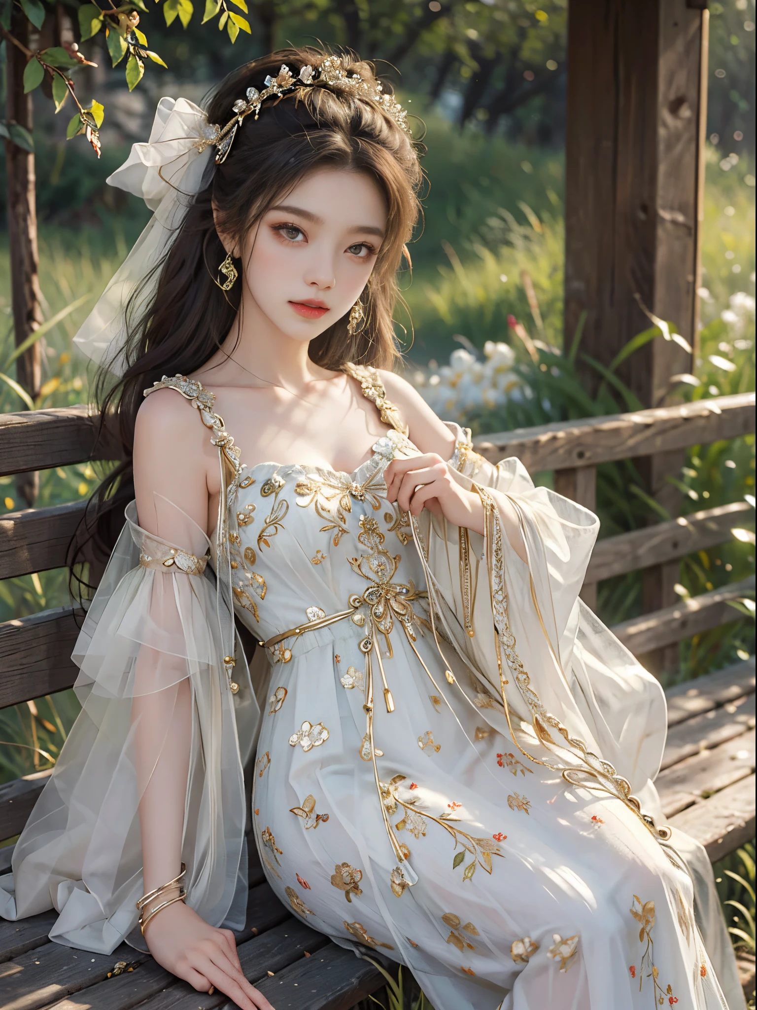 Sweet girl clothes10,korean dress,fashi-girl, red lips, mature female, makeup, Big eyes, Pretty eyes, ((full body)), ((Random shooting angles)), (best quality, masterpiece:1.2), ultra-detailed, (realistic:1.37), beautiful, youthful, glamorous model with (detailed eyes, detailed lips, extremely detailed eyes), with white and floral colors, showcasing a radiant smile, creating a breathtaking depiction of a girl, Warm tones, extremely high color saturation, official art, extremely detailed CG unified 8k wallpaper,(High dynamic range :1.4), (cinematic),(soft colors, dull colors, soothing tones :1.3), (natural skin texture, ultra-realistic, soft light, sharp),(very detailed), Night, moonlight, In an antique pavilion, sit on a bench against the guardrail