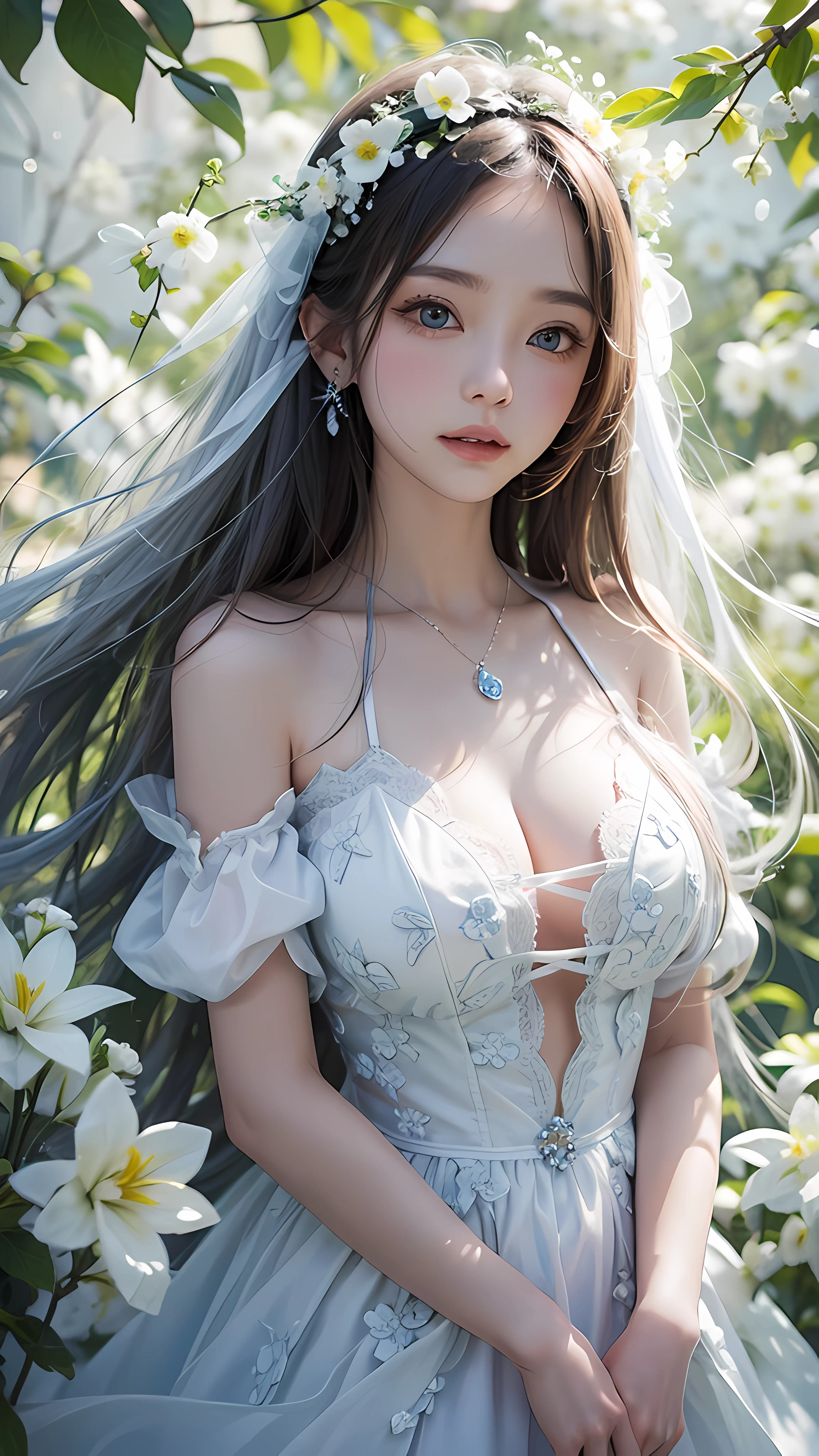 1 busty girl, Long gray hair, Flowers, Kikyou, white and light blue style, dreamy and romantic compositions, The white, Ethereal leaves, Interesting arrangement, Fantastical, hight contrast, ink strokes, blasts, overexposure, The impression of white and white tone, Abstract, Attractive posing,