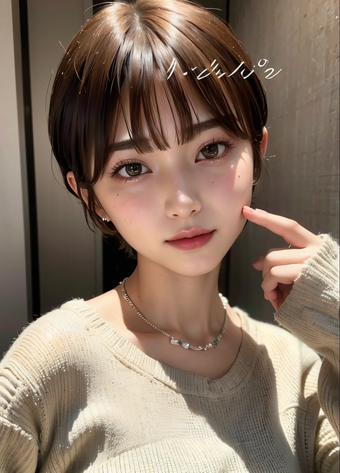 ((top-quality))、(​masterpiece:1.4)、Raw photography、8K、((Top image quality))、 ((hight resolution))、Beautiful face in every detail、Realistic human skin、Gentle expression、(One lady:1.3 )、realisitic、(Bery short hair:1.4)、(Beautuful Women)、(cute Japanese girls:1.3)、(boyish:1.3)、((mannish))、((Pretty Woman))、(Beautiful hair)、((dark brown  hair))、(((Red cheeks)))、(Her eyes are big:1.3)、20-year-old beauty、(her face is small:1.3 )、small head、((long neck))、a necklace、(Cute hairstyle)、fashion magazine models、[smil]、Fashion Magazine photoshoot、