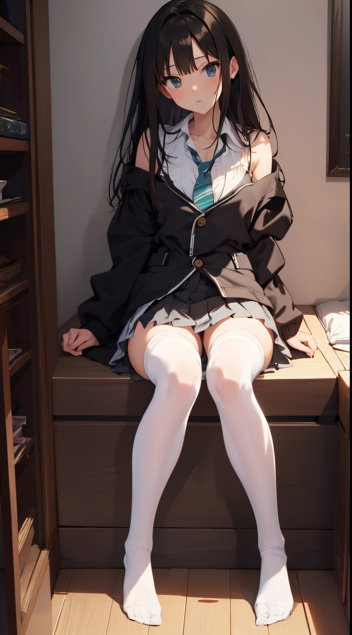 shibuya rin, Rin Shibuya, masterpiece、top-quality、best、超A high resolution、Full body portrait、intricate-detail、An ultra-fine illustrations、perfect anatomia、Correct anatomy、perfect proportion perfect、Hands are2Boken、perfect hand、The feet are in2Boken、perfect foot、Perfect fingers、Small toes、Precise size and balance of upper and lower body、18year old、Schoolgirl with mature body type、A high school girl with long、1人、Whole body from head to leg、full body Esbian、small tits、Small toes、Small toes、Skinny Legs、laying on back、M-shaped legs、Opening legs、Opening legs、cross the fronts、Composition from below、Composition from the front、Panchira、Inner thigh-sitting、Sit on the floor with bent knees and legs open、Front-facing、Lower body facing forward、Slender feet、Slender thighs、Slim toes、Lying on a white bed facing the front、Slender feet、legs slightly open、Sleeping in a big letter、Legs are spread、Hands are slightly raised、brown haired、Medium Hair、Medium haircut、Panting face about to cry、red blush、Embarrassed look、A slightly sad look、Black_Wearing white panties inside stockings、Wearing white panties inside black transparent stockings、Wearing white panties inside black stockings、Wearing white panties inside black pantyhose、Wearing white panties inside black lace pantyhose、Wearing white panties inside stockings with black lenses、Wearing black light pantyhose and white panties、Wearing black transparent pantyhose and white panties、No shoes、No shoes on、pure white under black stockings,,_panties on、Panties are visible through a navy blue pleated skirt、Pure white bra、Underwear、beige blazer uniform half open、white blouse uniform open、Japanese high school student's room、in a house、during daytime、(petite body esbian))、masterpiece、(top-quality)