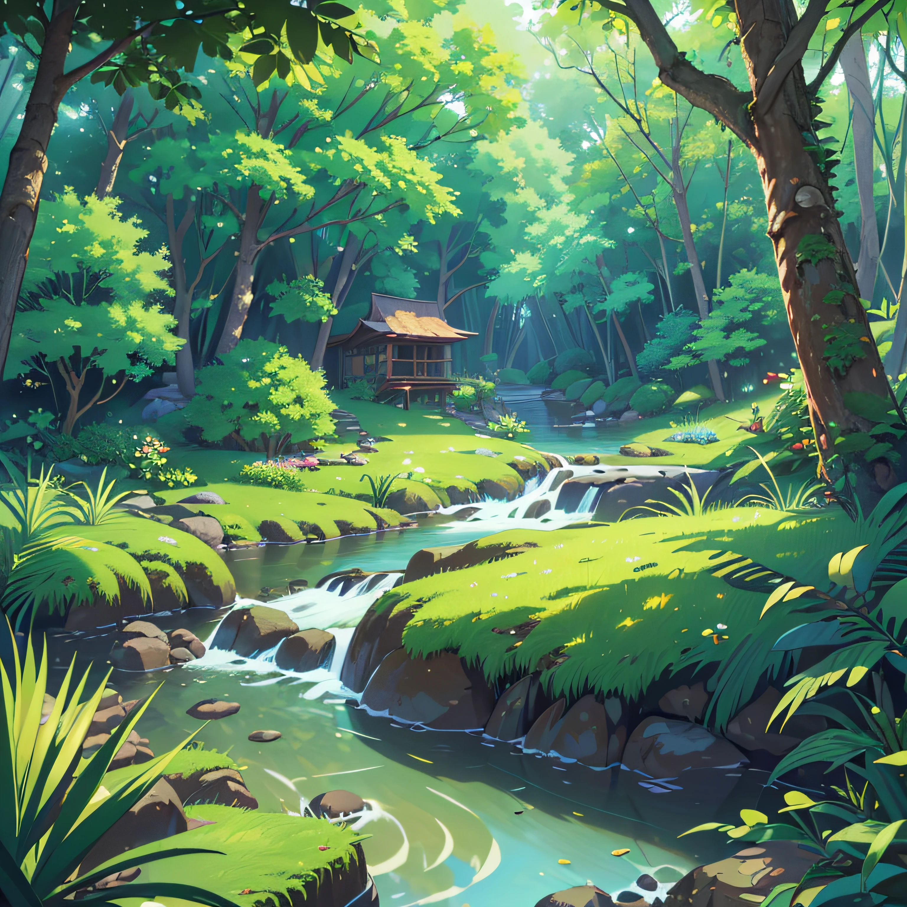(Best Quality,4k,8K,high resolucion,Masterpiece:1.2),Ultra-detailed,(realisitic,Photorealistic,Realistis:1.37), 夏天, forest in the jungle, Bushes, shade, big rock, grass, vegetation, wood, stream