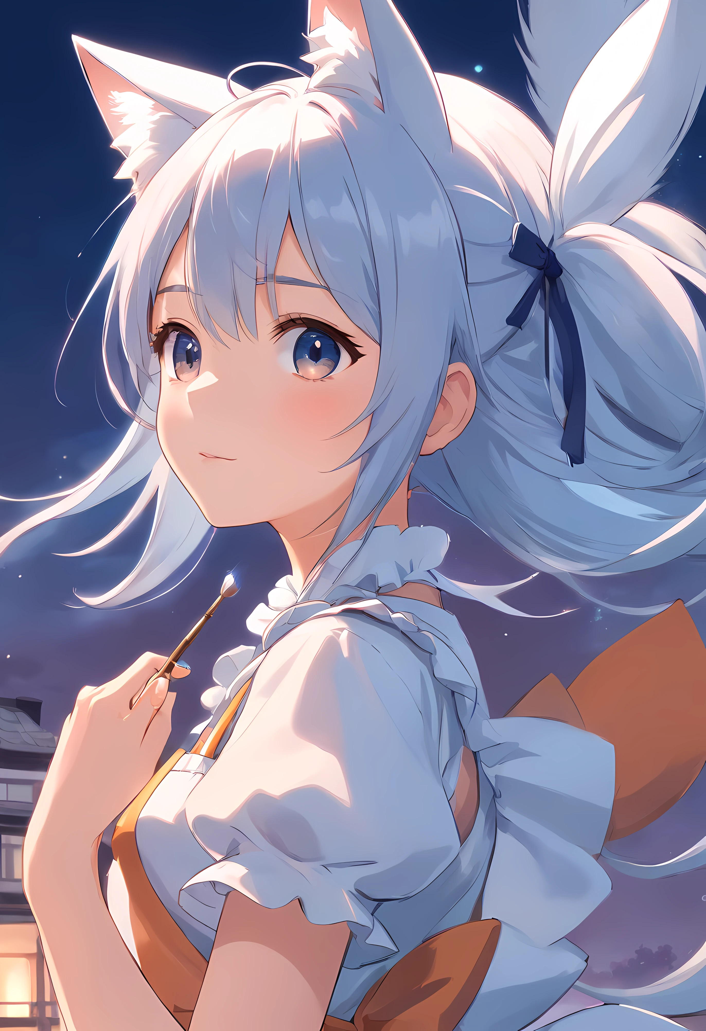 silber hair,The eye size the same,Fox ears Locke tail two-dimensional maid loli