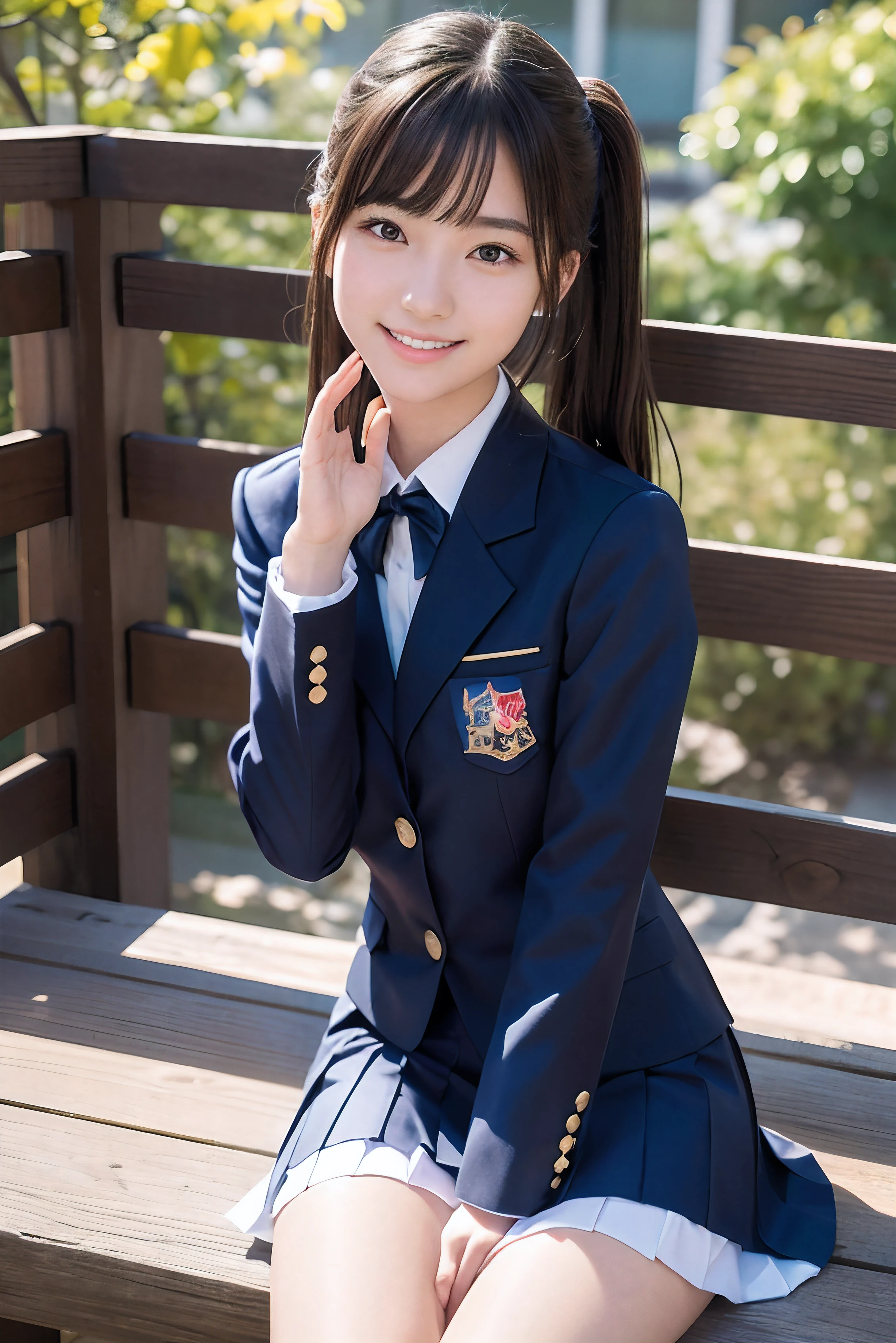Shake your hand、skinny legs、ponytale、Extraordinary beauty、Cute face、best smile、cute smiling、frontage、Slender、Straight Hair、schools、ulzzang-6500-v1.1, (Raw foto:1.2), (Photorealcitic:1.4), Beautiful detail girl, extremely detailed eyes and face, beautiful delicate eyes, huge file size, Hight Resolution, ighly in detail, Top Quality, masterpiece, ((Japanese girls' high school uniform)), ighly in detail, BAPV, 8k wallpaper, majestueux, delicate detail, Top Quality, Very detailed stock ticker uniform、 light on the face、cinematic lightings、a 18 year old girl、Look at the audience and wave your hand、