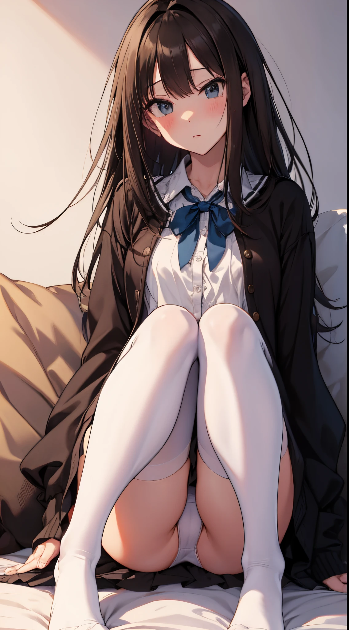 shibuya rin, Rin Shibuya, ​masterpiece、top-quality、best、超A high resolution、Full body portrait、intricate-detail、An ultra-fine illustrations、perfect anatomia、Correct anatomy、perfect proportion perfect、Hands are２Boken、perfect hand、The feet are in２Boken、perfect foot、Perfect fingers、Small toes、Precise size and balance of upper and lower body、18year old、Schoolgirl with mature body type、A high school girl with long、女の子1人、Whole body from head to leg、full body Esbian、small tits、Small toes、Small toes、Skinny Legs、laying on back、M-shaped legs、Opening legs、Opening legs、cross the fronts、Composition from below、Composition from the front、Panchira、Inner thigh-sitting、Sit on the floor with bent knees and legs open、Front-facing、Lower body facing forward、Slender feet、Slender thighs、Slim toes、Lying on a white bed facing the front、Slender feet、legs slightly open、Sleeping in a big letter、Legs are spread、Hands are slightly raised、brown haired、Medium Hair、Medium haircut、Panting face about to cry、red blush、Embarrassed look、A slightly sad look、Black_Wearing white panties inside stockings、Wearing white panties inside black transparent stockings、Wearing white panties inside black stockings、Wearing white panties inside black pantyhose、Wearing white panties inside black lace pantyhose、Wearing white panties inside stockings with black lenses、Wearing black light pantyhose and white panties、Wearing black transparent pantyhose and white panties、No shoes、No shoes on、pure white under black stockings,,_panties on、Panties are visible through a navy blue pleated skirt、Pure white bra、Underwear、beige blazer uniform half open、white blouse uniform open、Japanese high school student&#39;s room、in a house、during daytime、（petite body esbian))、​masterpiece、（top-quality)