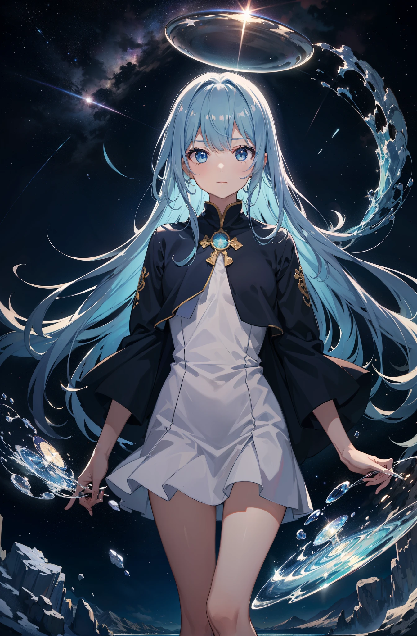{{{masutepiece}}}, {{best qualtiy, An ultra-fine illustrations, beautifulanddelicatewater}}, {{very delicate light}}, {{Nature, Painting}}, {{Fine Lighting, More transparent stars, Quality Mountains々々々々々々々, Very fine 8K PCG wallpaper}}, (plateau), Sunrise, randomly distributed clouds, cliff, ((Rotating starry sky)), ((Lake of the mountain stream)), Beautiful girl with long light blue hair with luminous particles、Twin-tailed