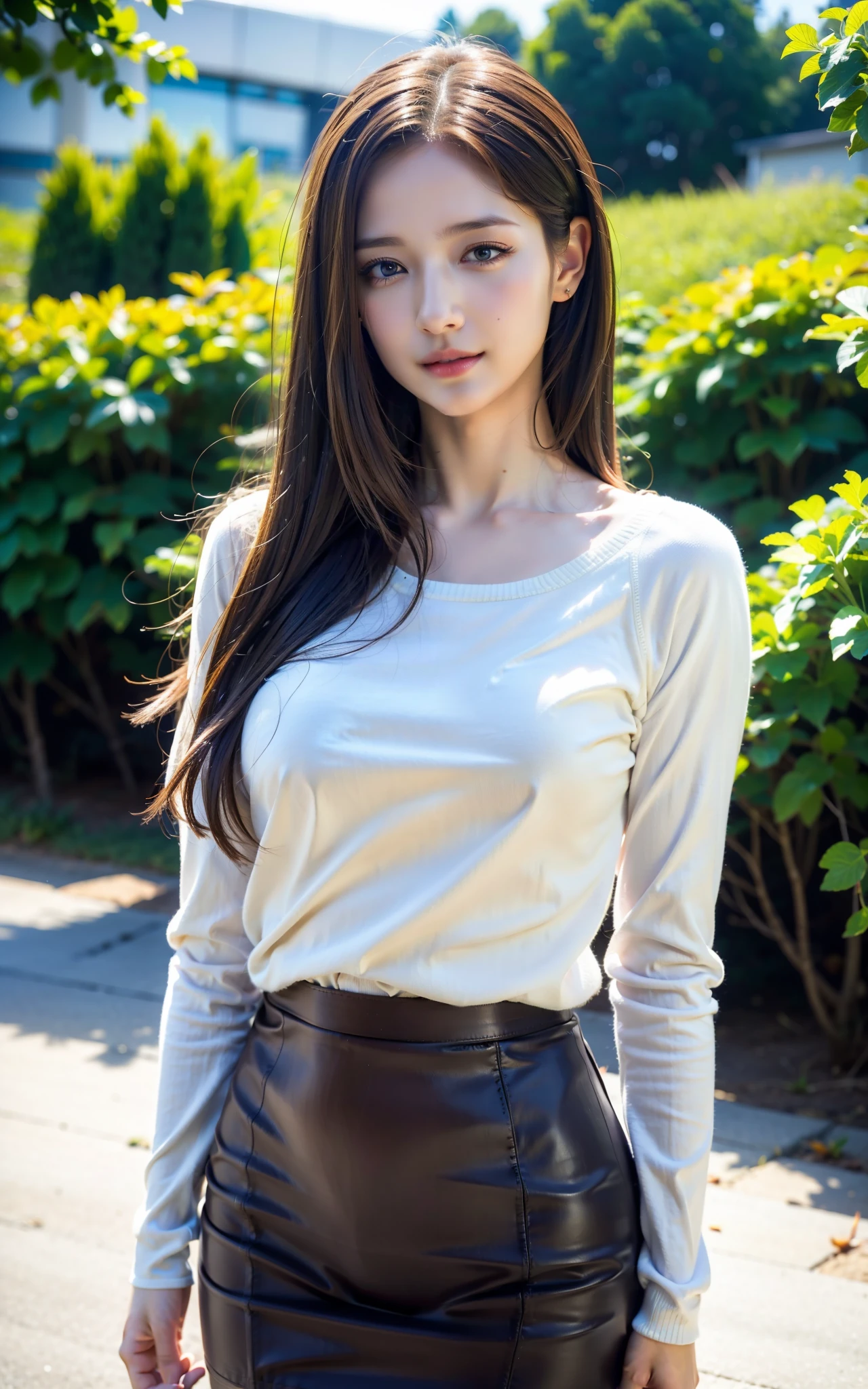 (Raw photo, Best Quality), (Realistic, Photorealsitic:1.3), masterpiece, Extremely delicate and beautiful, Soft light, (Brown hair, sway in the wind shoulder length straight hair), Beautiful detailed girl, (Detailed fingers), extremely detailed eye and face, beautiful detailed nose, Beautiful detailed eyes, 1 girl, Japanese, Neat and clean beauty, Cute, young, Smile, sweater, skirt, (Half body:1.3), (medium breasts), Realistic face, Realistic body, Outdoors