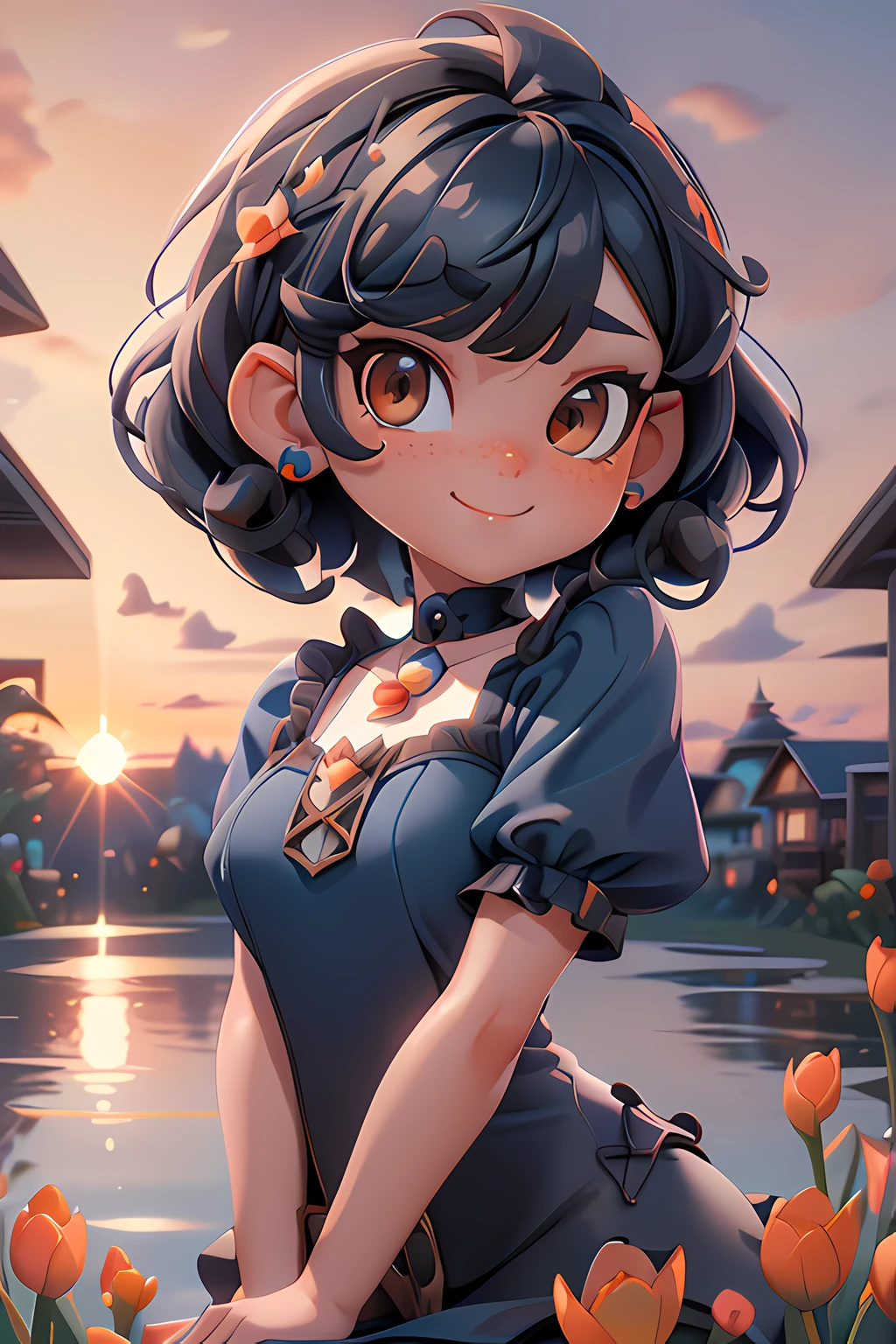 Anime girl sitting on a rock with flowers in her hair - SeaArt AI