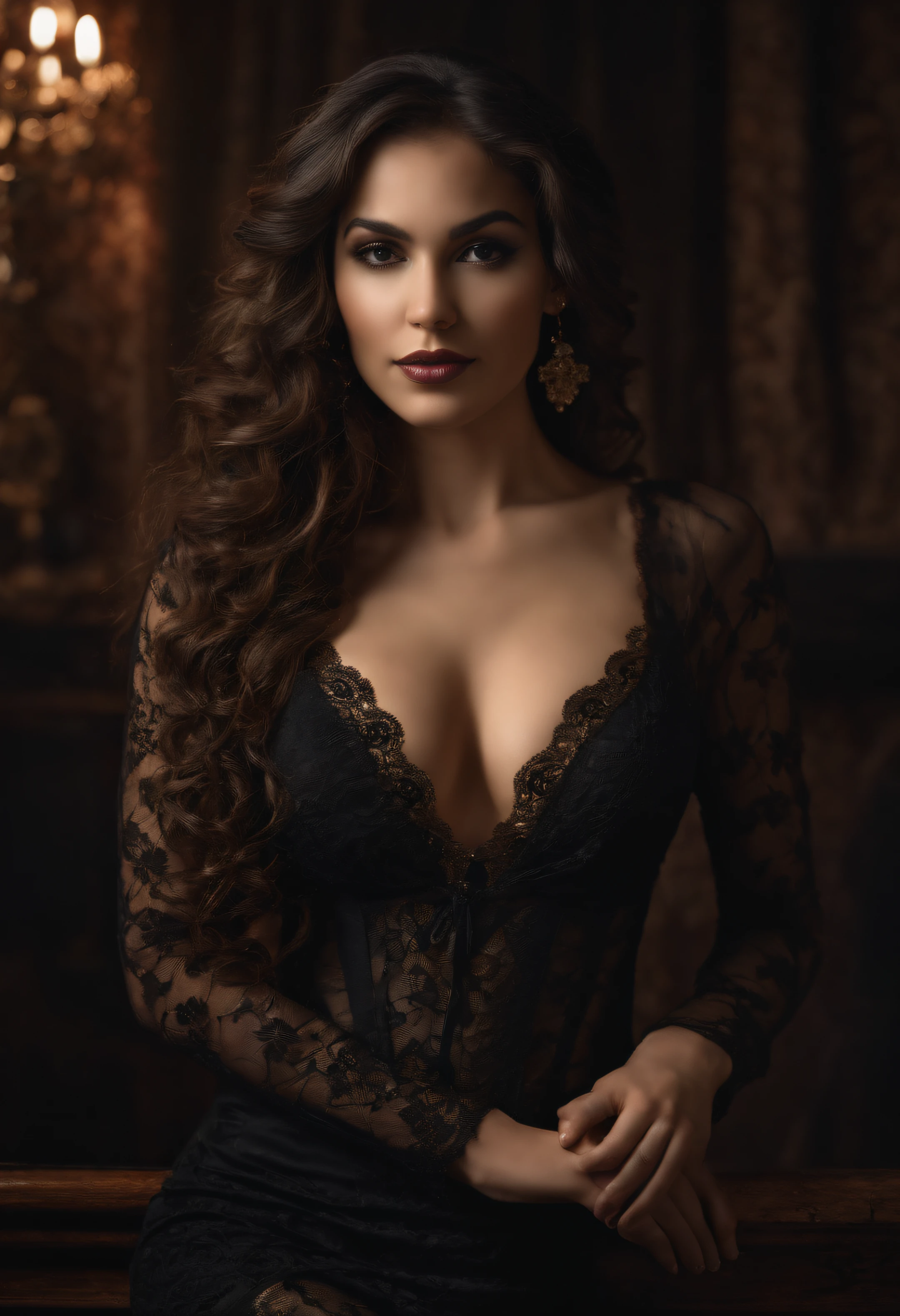 Girl, Latina, but with long curly hair, exotic beauty, Charismatic, Exquisite beauty, Slender figure, c-cup breasts, nude in a transparent dress, Dressed in Gothic style, on a dark background with patterned Victorian wallpaper, gotik, exquisite erotica, Masterpiece, fine art photography, fine art photography, Fine art painting, 8K, cinematic quality
