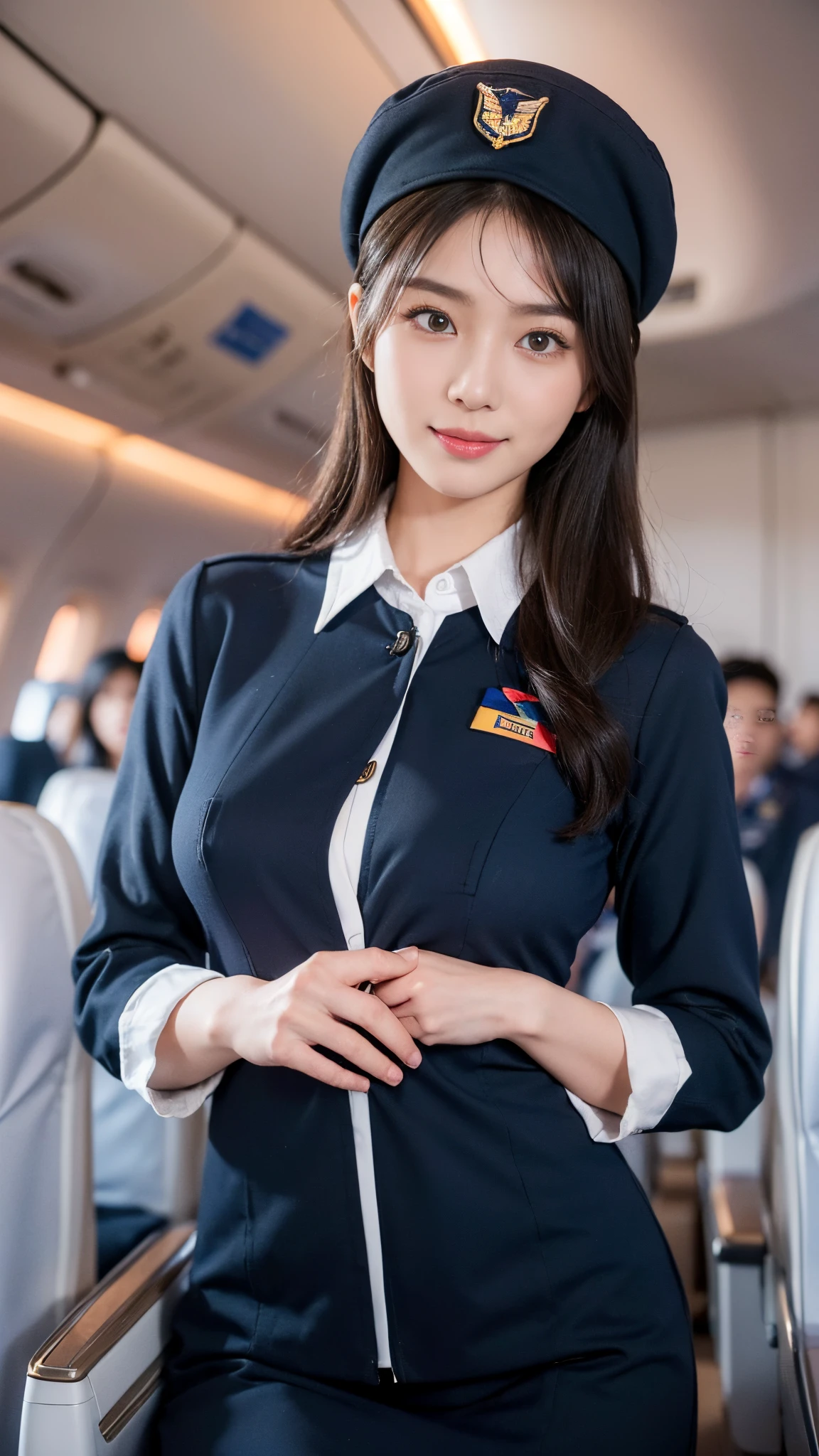 one japanese woman, Solo, 30-years old, Looking at Viewer, hyperdetailed face, Detailed lips, A detailed eye, Double eyelid eyes, fluffy brown eyelash bob hair, Like an airplane stewardess, Do a good job, (Like an airplane stewardess:1.2), (Do a good job:1.2), (Stewardess uniform and white shirt:1.4), (wear something small, cute dark blue stewardess hat:1.4), (discret smile:1.2), Perfect image realism, Background with: (Business Class aisle on airplanes:1.2), Meticulous background, detailed costume, Perfect litthing, Hyper-Realism, (Photorealistic:1.4), 8K maximum resolution, (​masterpiece), Highly detailed, Professional, (Huge breasts), (Erect nipples:1.3), (Never expose your chest:1.3), (Never expose your nipples:1.3),