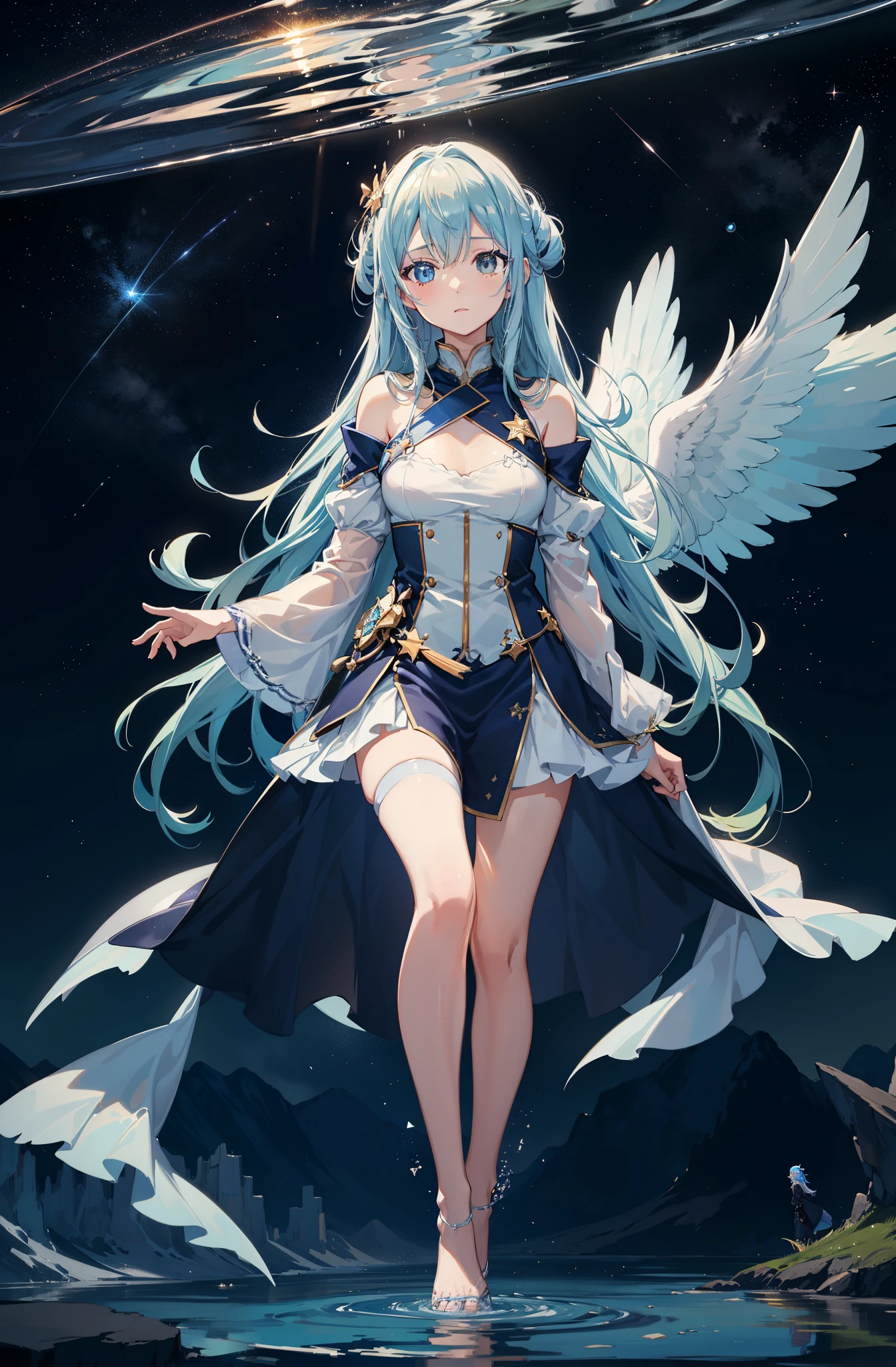 {{{masutepiece}}}, {{best qualtiy, An ultra-fine illustrations, beautifulanddelicatewater}}, {{very delicate light}}, {{Nature, Painting}}, {{Fine Lighting, More transparent stars, Quality Mountains々々々々々々々, Very fine 8K PCG wallpaper}}, (plateau), Sunrise, randomly distributed clouds, cliff, ((Rotating starry sky)), ((Lake of the mountain stream)), Beautiful girl with long light blue hair with luminous particles、Twin-tailed