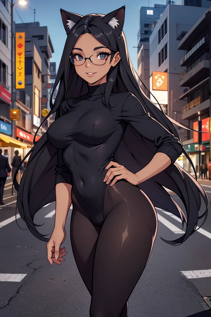 foto de corpo inteiro, todo o corpo , cat ears on the head of a beautiful young woman wearing tight tights , usando meias preta longas e sueter preto apertado ,corpo inteiro na foto,cidade a noite varias luzes,belas coxas, coxas lindas belhos olhos escuros detalhados, sueter branco apertado,maio apertado , tight pantyhose, , ceu limpo a noite com estrelas numa cidade noite, linda jovem, olhos sedutores feminino.CABELO CURTO PRETO((CABELOS CURTO PRETO))salto alto, em pe, salto alto preto belos sorriso usando salto alto com meias preta longas, sueter branco,belos olhos detalhados,meias pretas longas apertadas, saia curta. salto alto preto, stocking black corpo inteiro a mostra, corpo completo na foto,sexy oculos e cabelo curto