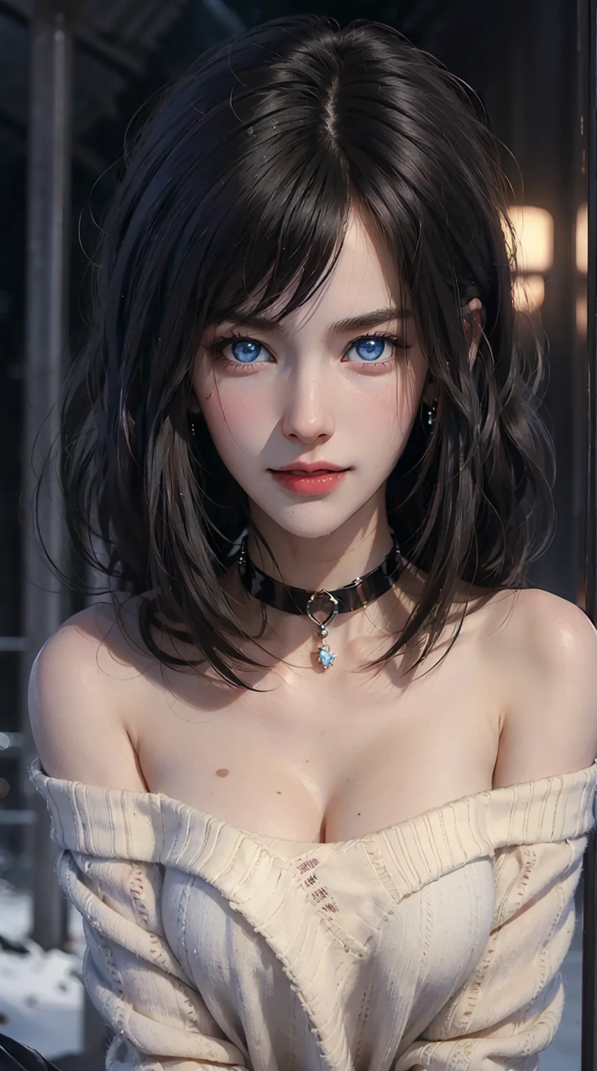 ((((masterpiece, best quality, high resolution)))), (1girl:1.5), ((short silky hair, black hair, blue eyes, earrings, choker)), (medium breasts:1.2), blush, (light smile, parted lips), glow, thighs, bare shoulders, collarbone, narrow waist, (slender body figure), cleavage, (beautiful detailed face, beautiful detailed eyes), ((off shoulders sweater)), looking at viewer, nighttime, winter outdoor, portrait shot