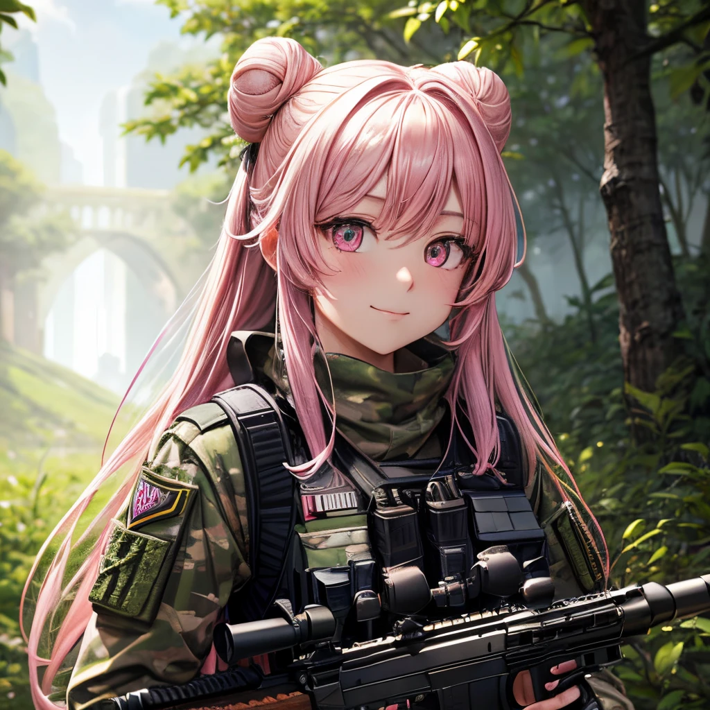 masterpiece, extremly detailed face, 1girl, satou matsuzaka, solo, long_hair, looking_at_viewer, very long hair, hair buns, double buns , gloves, pink_eyes, closed_mouth, jacket, pink_hair, military, helmet, pouch, tactical_clothes, load_bearing_vest, bulletproof_vest, walkie-talkie, military helmet, sniper rifle,pink eyes, smile, pink long hair, large breasts, holding weapon, standing, outdoors, forest, camouflage,sniper rifle, outdoors, holding, holding sniper, masterpiece, sharp, ultra detailed, 8k,(high detailed skin:1.2),(high detailed face:1.2), upper body,