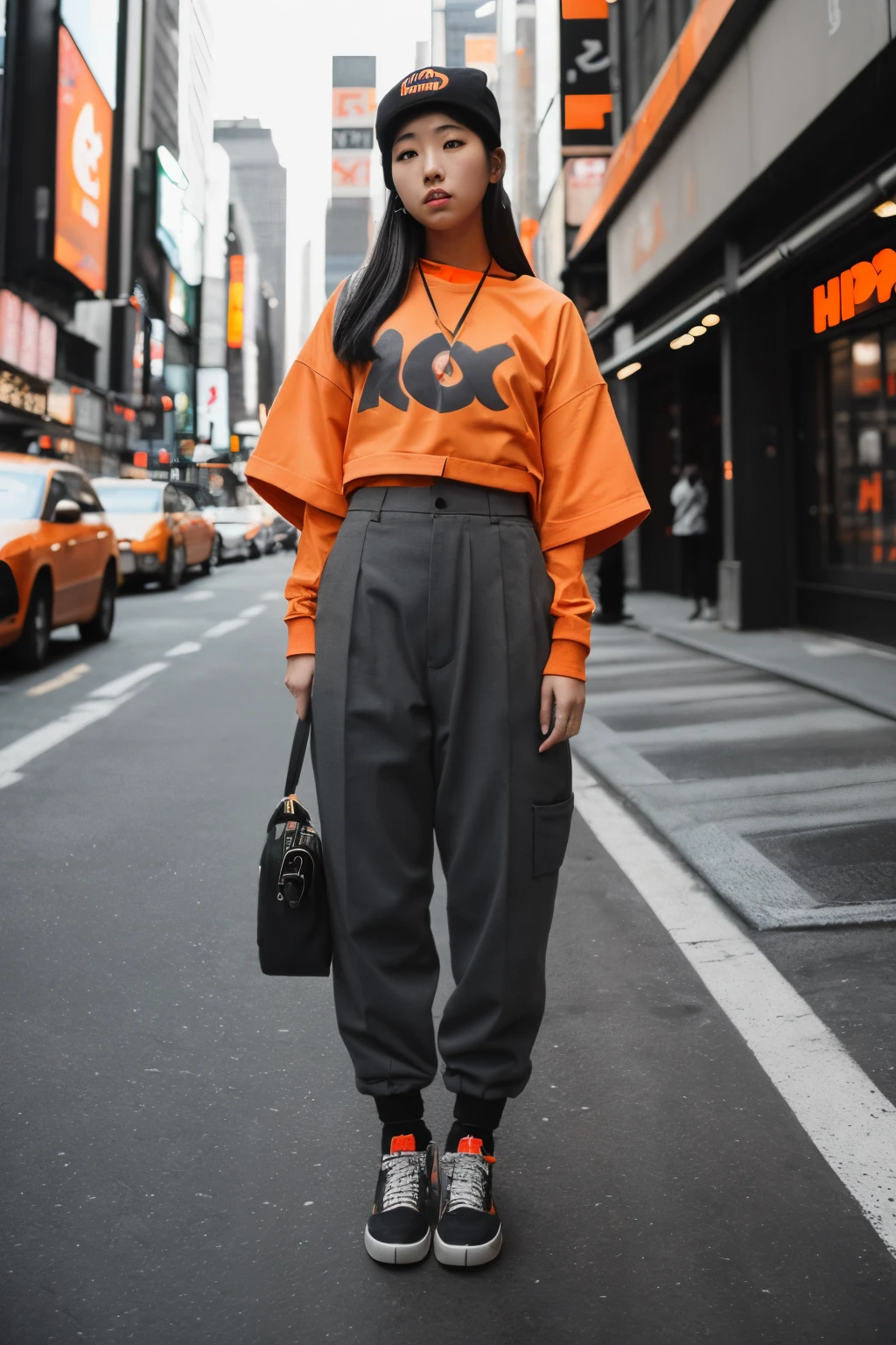 Instagram photo, full body photo of teen japanese woman, ((orange & charcoal gray hip-hop outfit)), standing, New York streets, 8k uhd, high quality, film grain, Fujifilm XT3