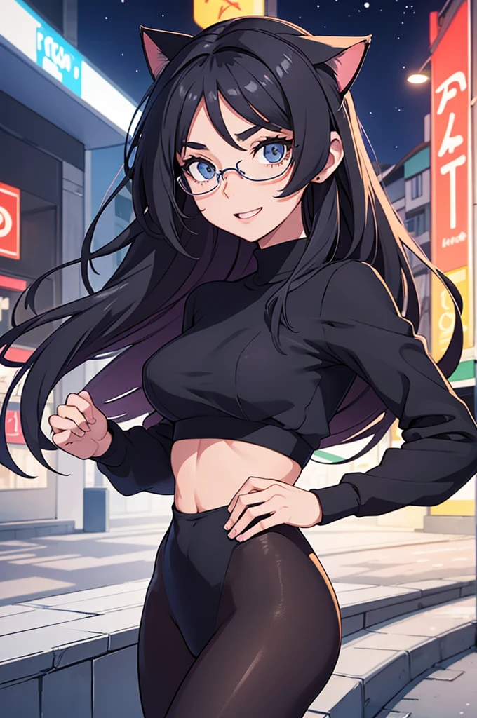 foto de corpo inteiro, todo o corpo , cat ears on the head of a beautiful young woman wearing tight tights , usando meias preta longas e sueter preto apertado ,corpo inteiro na foto,cidade a noite varias luzes,belas coxas, coxas lindas belhos olhos escuros detalhados, sueter branco apertado,maio apertado , tight pantyhose, , ceu limpo a noite com estrelas numa cidade noite, linda jovem, olhos sedutores feminino.CABELO CURTO PRETO((CABELOS CURTO PRETO))salto alto, em pe, salto alto preto belos sorriso usando salto alto com meias preta longas, sueter branco,belos olhos detalhados,meias pretas longas apertadas, saia curta. salto alto preto, stocking black corpo inteiro a mostra, corpo completo na foto,sexy oculos e cabelo curto