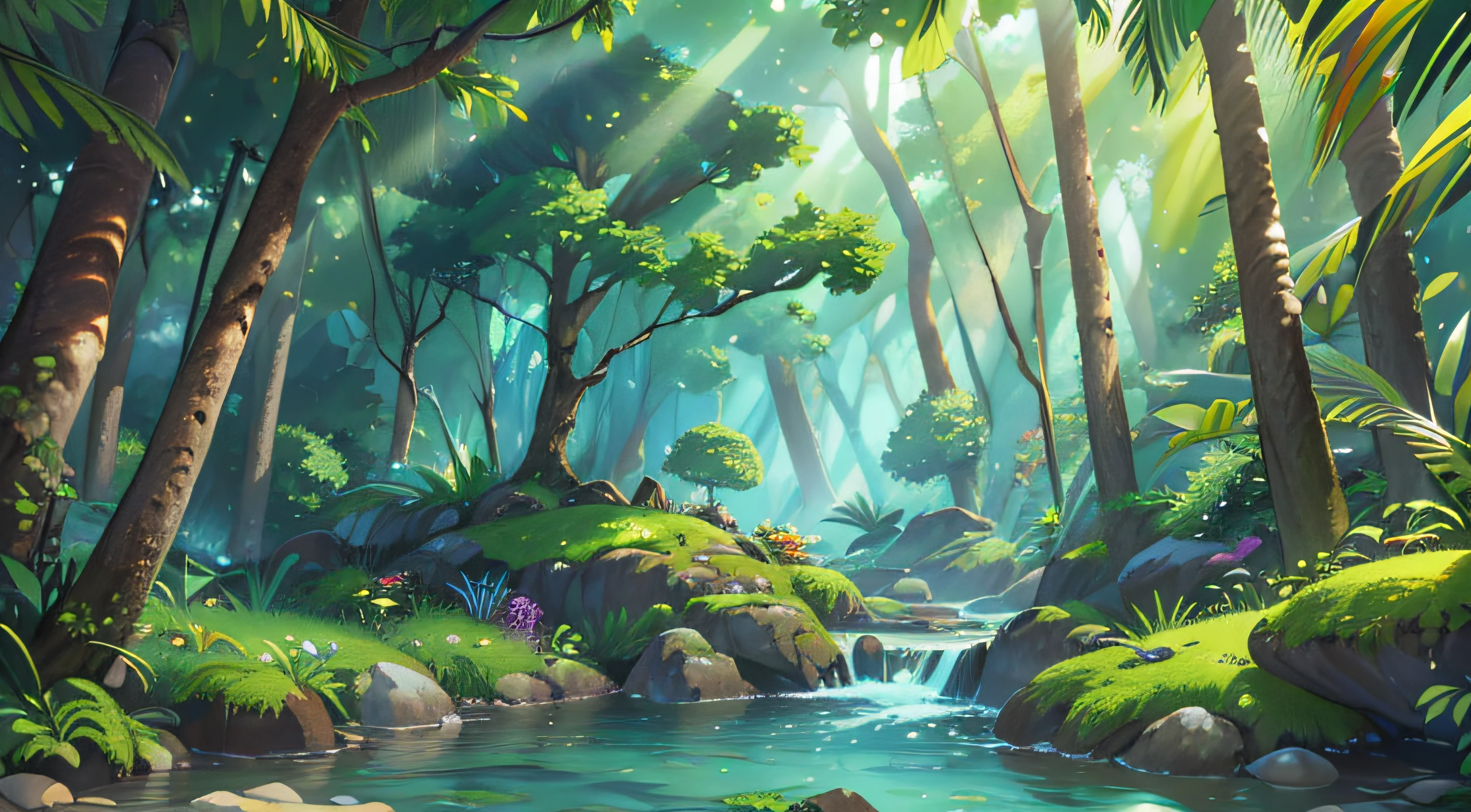 (Best Quality,4k,8K,high resolucion,Masterpiece:1.2),Ultra-detailed,(realisitic,Photorealistic,Realistis:1.37), 夏天, forest in the jungle, Bushes, shade, big rock, grass, vegetation, wood, stream