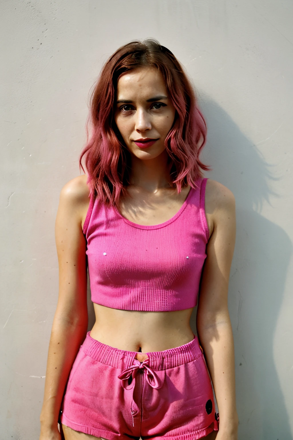 I want a 29 year old woman, pelirroja y ojos verdes, recta delante de una pared blanca, con un top rosa y un short rosa, tiene que ser delgada de brazo y de piernas, el short debe de ser un pantalon corto y rosa fucsia Y EL COLOR DEl pantalon TIENE QUE SER ROSA FUCSIA y las tirantas/top color rosa tambien