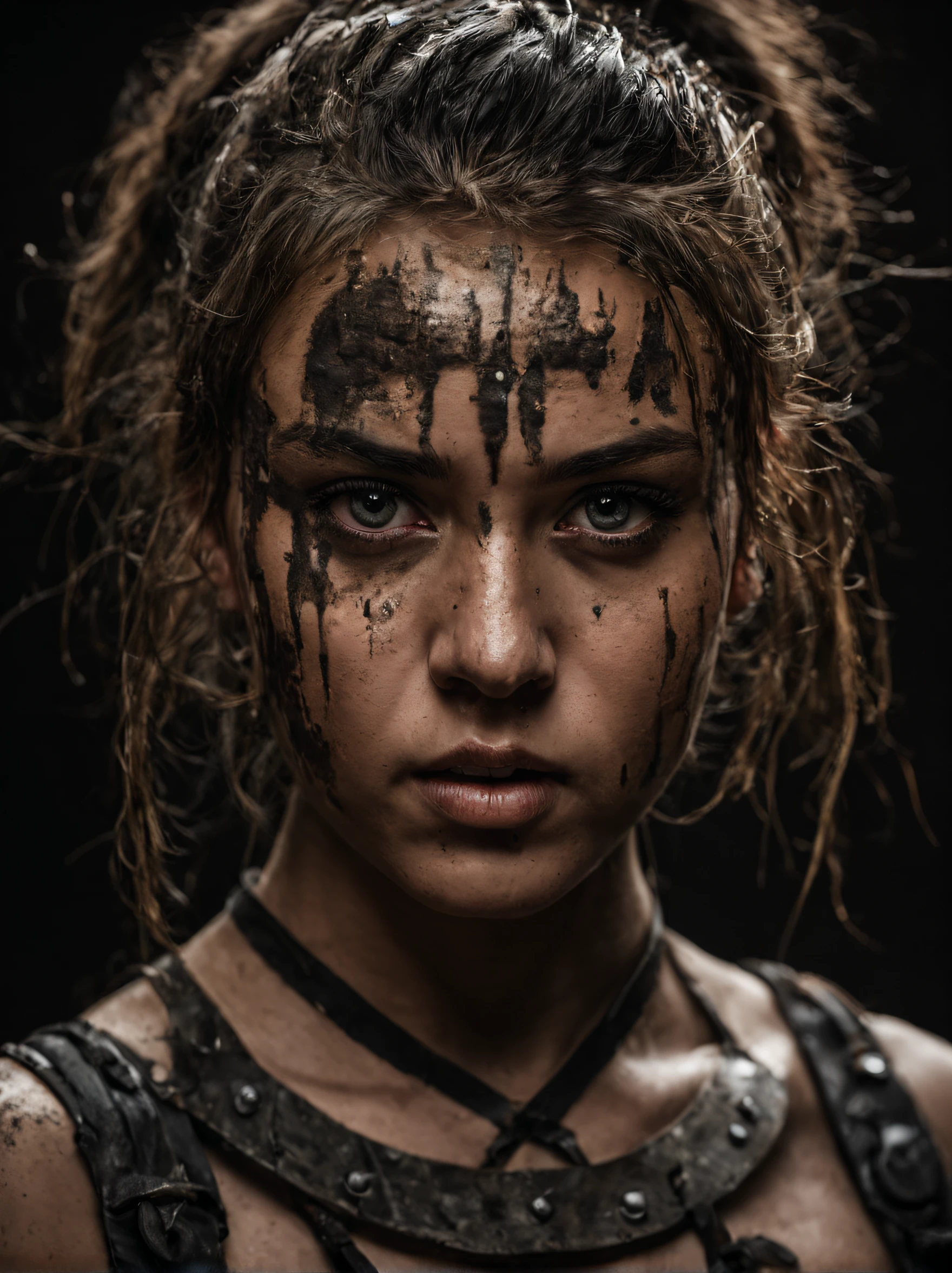 a portrait of a warrior girl, muddy face, fear, (28 years old:1.1), with piercing eyes, detailed face, high details, photography, dark studio, rim light, leica mp, noctilux 50mm, f/1.0