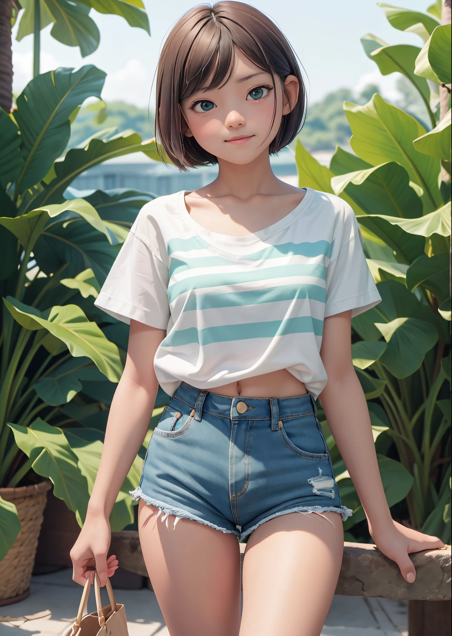 A shy girl、（1 woman）、sixteen years old、Turquoise short hair、green colored eyes、Wearing a white and orange striped T-shirt、Wearing denim shorts、Smaller chest、Beautiful legs、looking in camera、smil、simple background、natural ambient light、Top image quality、Super distinct、hight resolution、