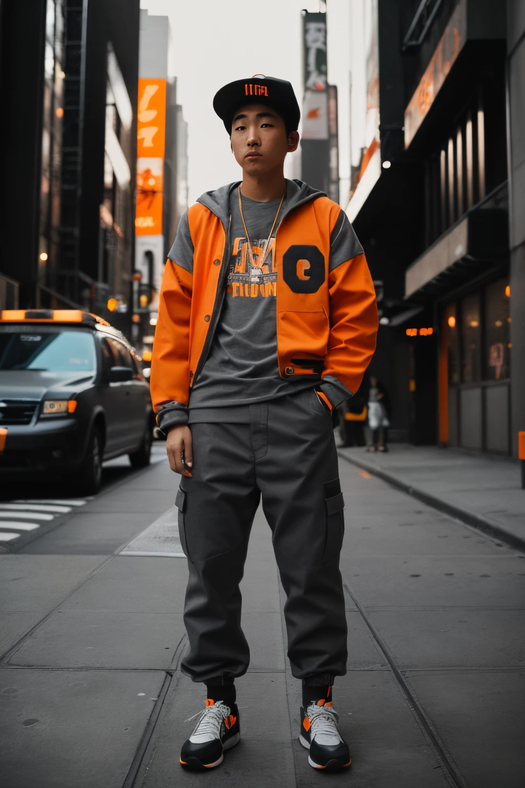 Instagram photo, full body photo of teen japanese boy, ((orange & charcoal gray hip-hop outfit)), standing, New York streets, 8k uhd, high quality, film grain, Fujifilm XT3