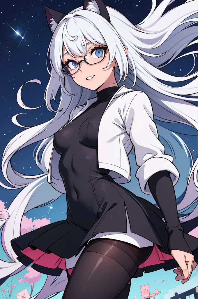 foto de corpo inteiro, todo o corpo , cat ears on the head of a beautiful young woman wearing tight tights , usando meias preta longas e sueter preto apertado ,corpo inteiro na foto, saia curta apertada , cidade a noite varias luzes,belas coxas, coxas lindas belhos olhos escuros detalhados, sueter branco apertado,maio apertado , tight pantyhose, , ceu limpo a noite com estrelas numa cidade noite, linda jovem, olhos sedutores feminino.CABELO CURTO PRETO((CABELOS CURTO PRETO))salto alto, em pe, salto alto preto belos sorriso usando salto alto com meias preta longas, sueter branco,belos olhos detalhados,meias pretas longas apertadas, saia curta. salto alto preto, stocking black corpo inteiro a mostra, corpo completo na foto,sexy oculos e cabelo curto, ((CABELOS CURTOS)), cabelo curto
