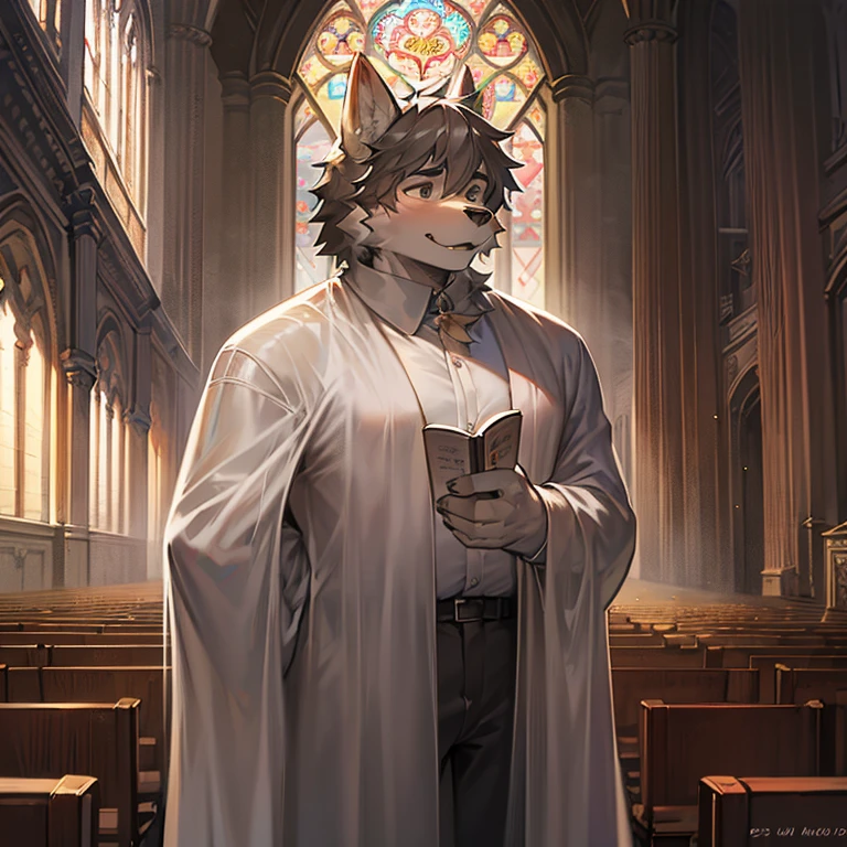 god father，Middle age，male people，Canine ears，shaggy，Gray hair，Transparent white jacket，in churches，with bible in hand，the only person，frontage