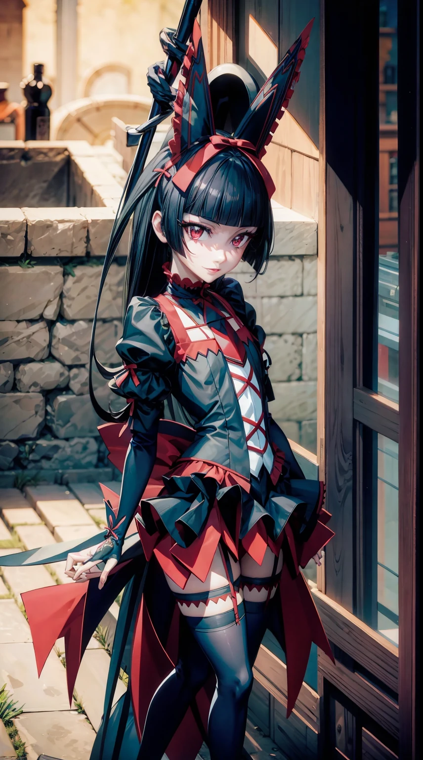 Rory Mercury, Rory Mercury, black  hair, blunt bangs, hime cut, hair ornament, black lipstick, hairlong, cute face, makeup, (small chest:1.2), (red eyes:1.5), BREAK Gothic underwear, the perfect body (little chest:1.3) хорни, BREAK in full growth, red shoes, BREAK Black Stockings, Black Gloves BREAK, black thighs, garter straps, gloves, gotik, Hair Bow, Detailed Gothic Fashion, puffy short sleeves, puffy sleeves, short sleeves, thights, BREAK, starry night sky, night city, BREAK looks at the viewer, BREAK (Masterpiece:1.2), Best Quality, High Resolution, Ultra HDR, Unity 8k壁纸, (illustartion:0.8), (beautiful detail eyes:1.6), extremely detailed face, perfect  lighting, extremely detailed CGI, (perfect arms, Perfect Wrist, two arms, five fingers on the hand, red manicure, Detailed fingers, perfect anatomy),