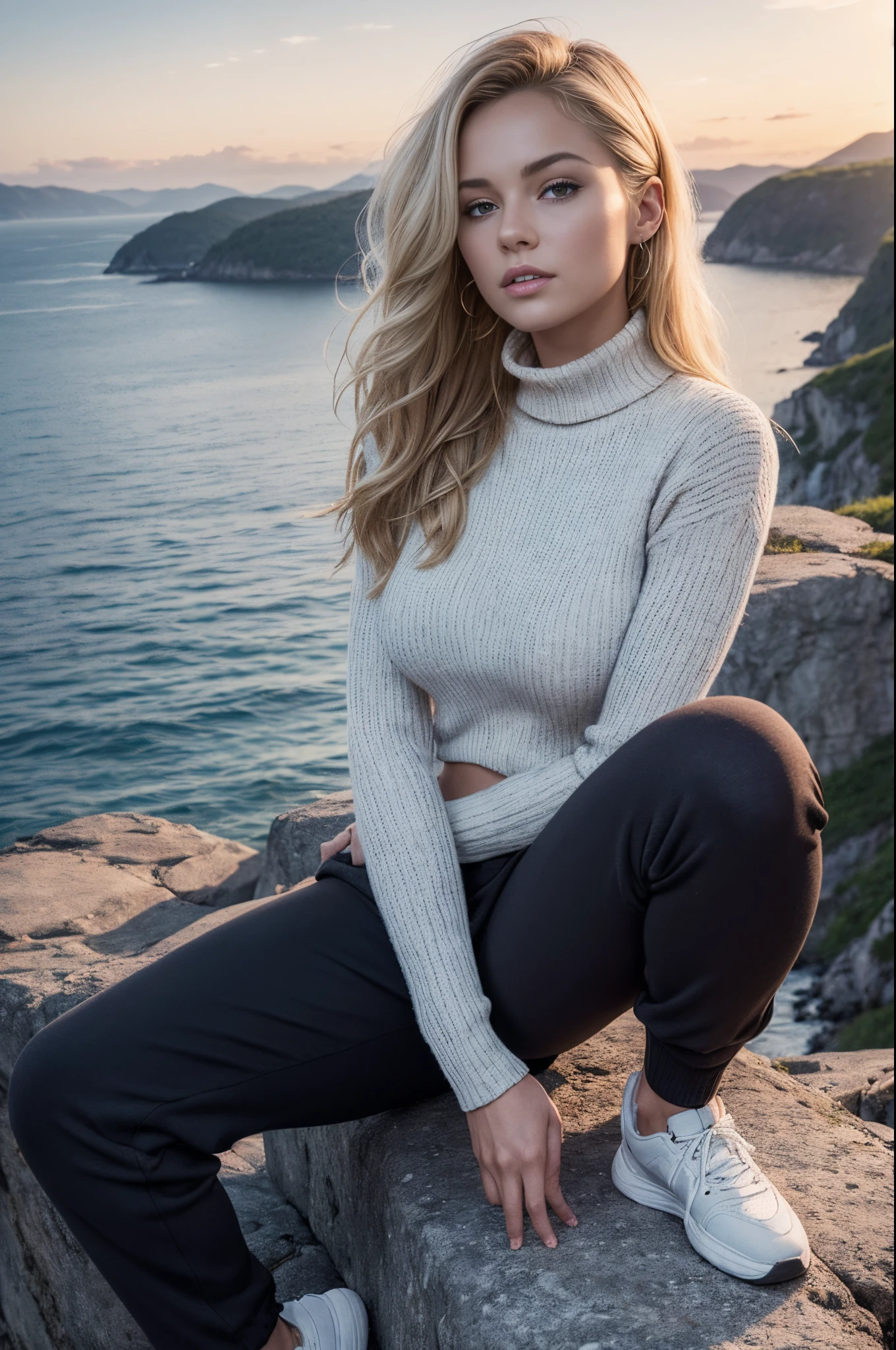 a gorgeous European blonde woman, age 23, wavy hair, She's sitting on a rock on the edge of a cliff, with a stunning view of a Norwegian fjord below, (she’s wearing a turtleneck sweater, dark thighs pants, sneakers:1.2), in the sunset light,perfect eyes, perfect hands, perfect body, perfect hair, perfect breast, UHD, retina, masterpiece, accurate, anatomically correct, textured skin, super detail, high details, high quality, award winning, best quality, highres, 16k, 8k,