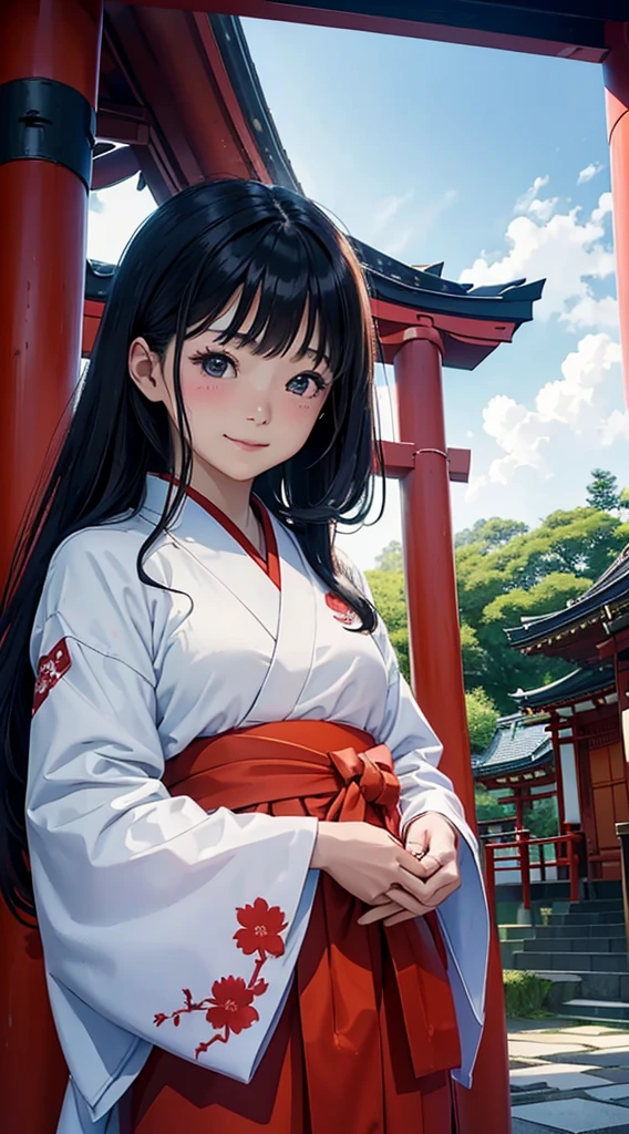 (Japan Beauties、shrine maiden、30-years old、Beautuful Women:1.5、cute little、spot sautains、cloudiness、disturbing atmosphere)、(a smile)、shrines