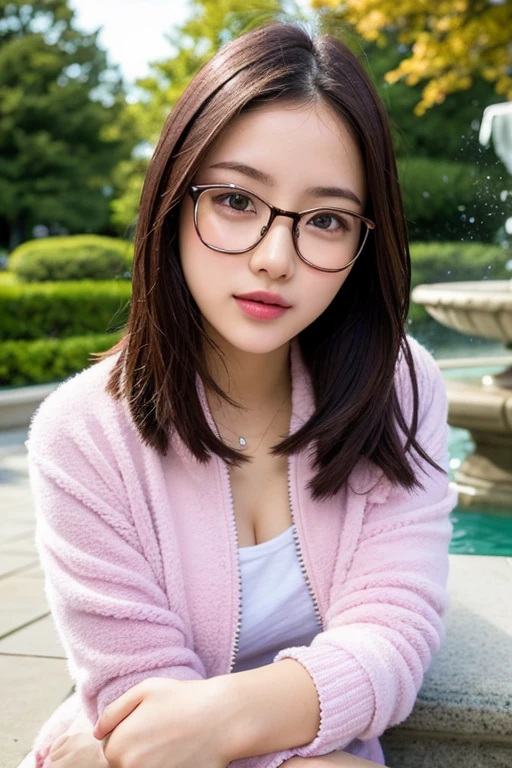 1girl,cute girl wearing glasses,NSFW, masutepiece, Best Quality, 8K,The cutest face,detailed face,ultra-realistic, perfect limbs, perfect anatomy,Casual fleece jacket,Pose relaxing in front of a fountain in the park