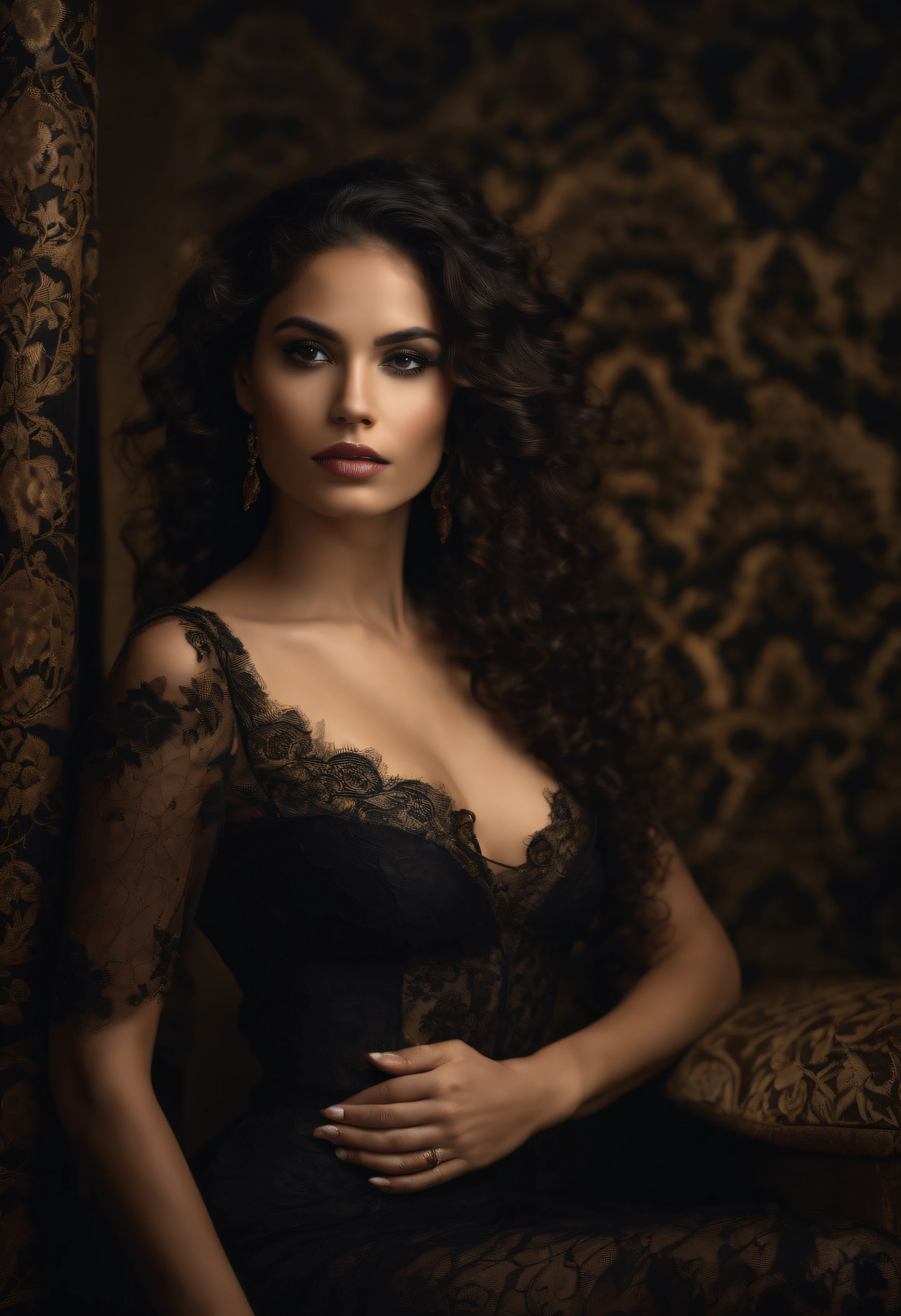 Girl, Latina, but with long curly hair, exotic beauty, Charismatic, Refined beauty, Slender figure, skinny waist, size 3 breasts, nude in a transparent dress in Gothic style, on a dark background with patterned Victorian wallpaper, gotik, Sophisticated erotica , Masterpiece, fine art photography, fine art photography, Fine art painting, 8K, cinematic quality
