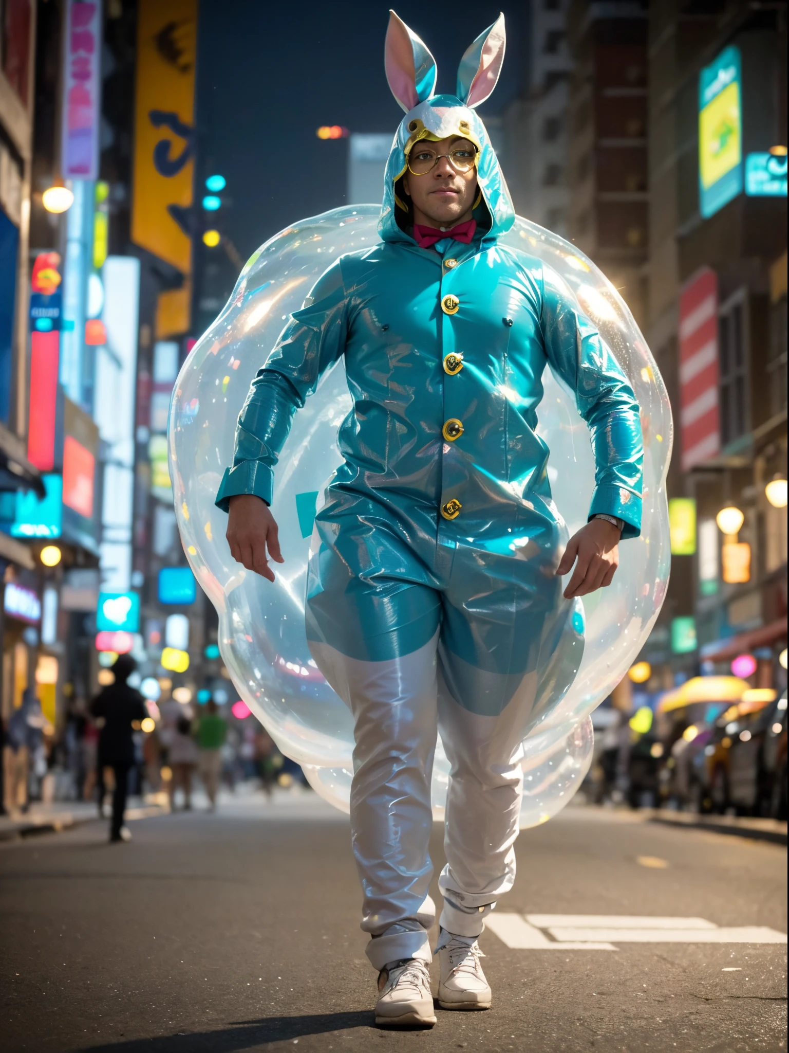 As he hops down the street, children stare in awe at the rabbit man wearing a strange costume made of bubbles. The bubbles seem to shimmer and change color as he moves, creating a mesmerizing effect. As he makes his way through the city, people can't help but wonder where he came from and what his story . Does he have some kind of magical power that allows him to create the bubbles, or  he just an eccentric performer looking to entertain the masses? What adventures await him in his bubbly costume, and how will he use his unique abilities to overcome any obstacles that come his way? The answers to these questions and more lie in the mysterious world of the rabbit man in his strange bubble costume
