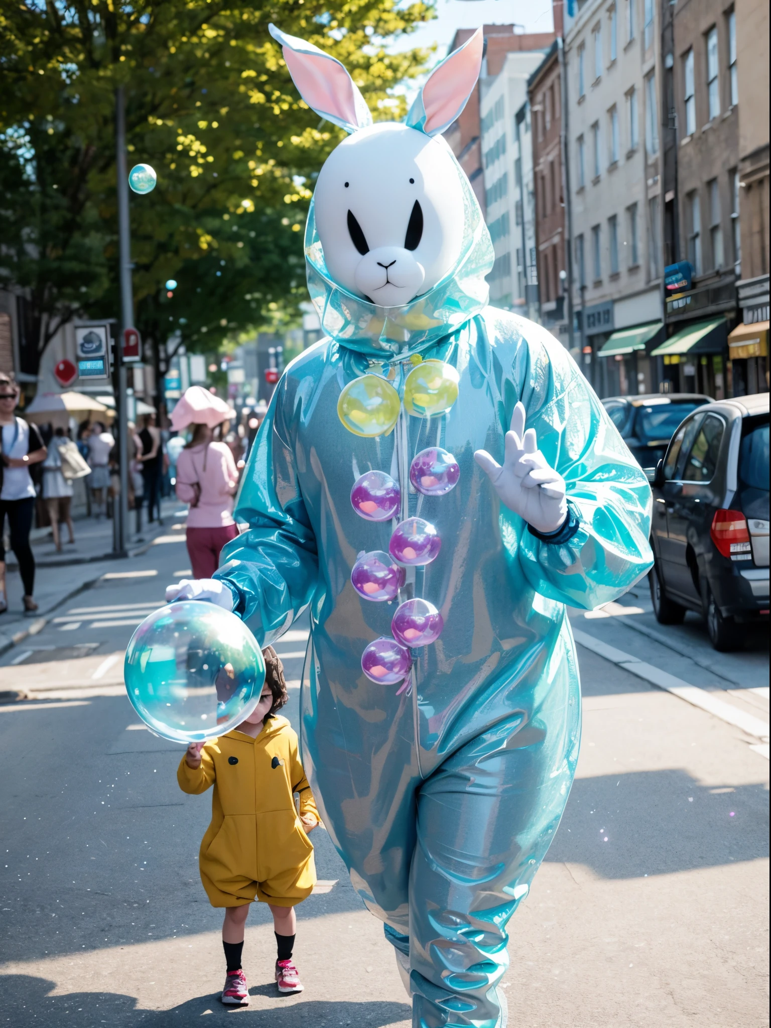 As he hops down the street, children stare in awe at the rabbit man wearing a strange costume made of bubbles. The bubbles seem to shimmer and change color as he moves, creating a mesmerizing effect. As he makes his way through the city, people can't help but wonder where he came from and what his story . Does he have some kind of magical power that allows him to create the bubbles, or he just an eccentric performer looking to entertain the masses? What adventures await him in his bubbly costume, and how will he use his unique abilities to overcome any obstacles that come his way? The answers to these questions and more lie in the mysterious world of the rabbit man in his strange bubble costume