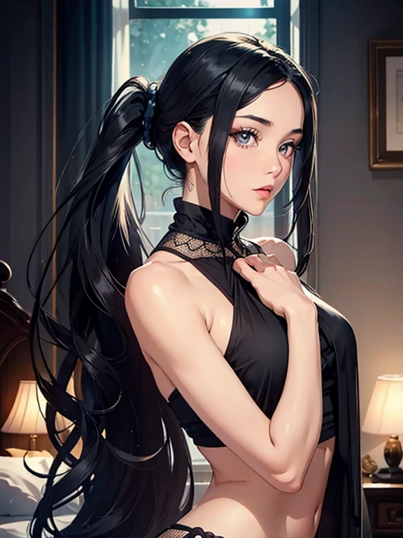 I have a beautiful and attractive appearance. She is distinguished by her long black hair that reaches her lower back, And that'great, Charming eyes highlight the beauty of her face. She has light skin and soft facial features that add to her feminine and delicate personality. She has a fit and slender body, She always looks confident , Which reflects the elegance and femininity of her personality.I don't wear any clothes