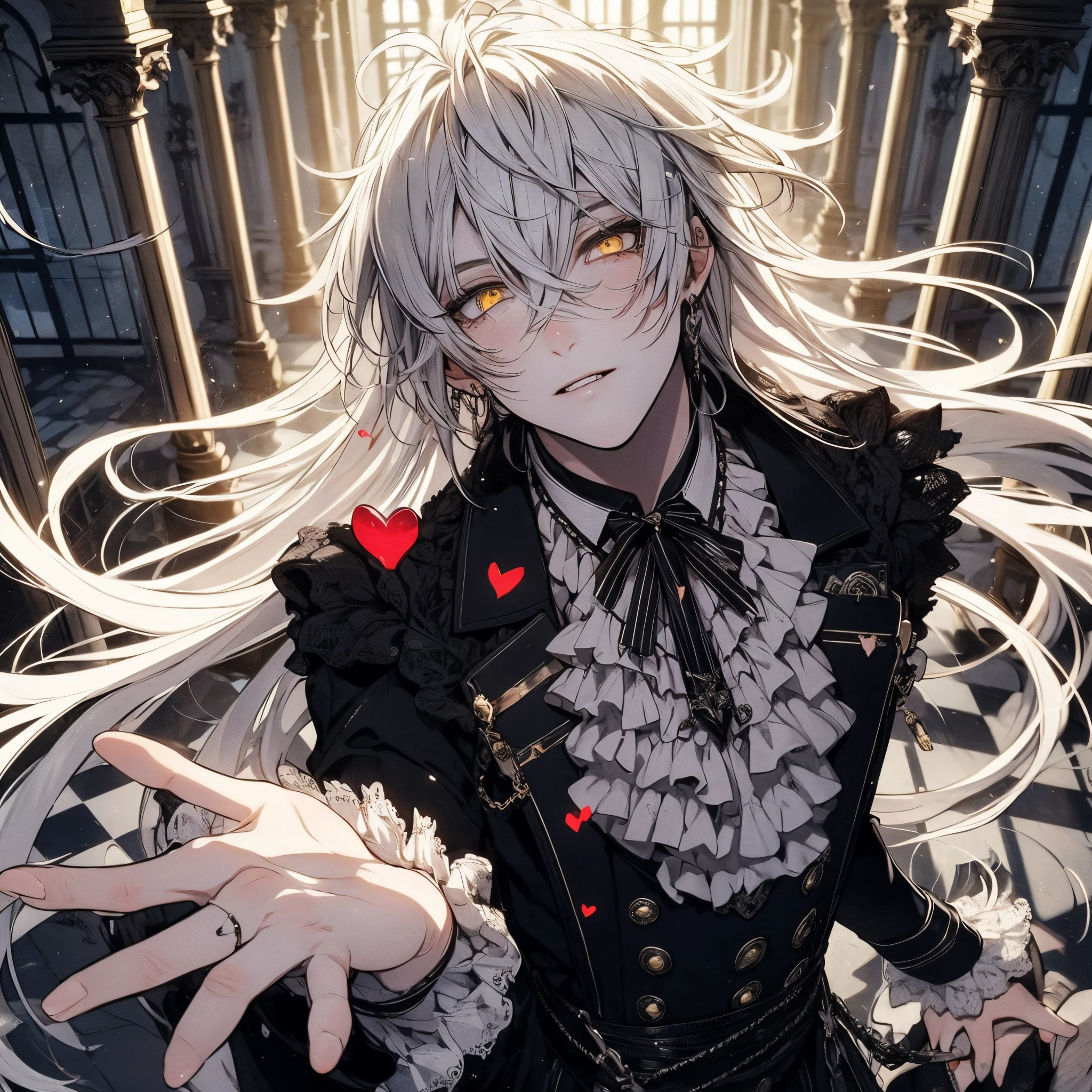 Throwing kisses, heart mark, Beautiful young man, White hair, Long hair, Yellow eyes, slanted eye, Ponytail, black stand up costume, frilld, gothic outfit, Evil smile, Overhead view, The background is a Gothic palace hall. High quality, amount of drawing, pixiv illustration