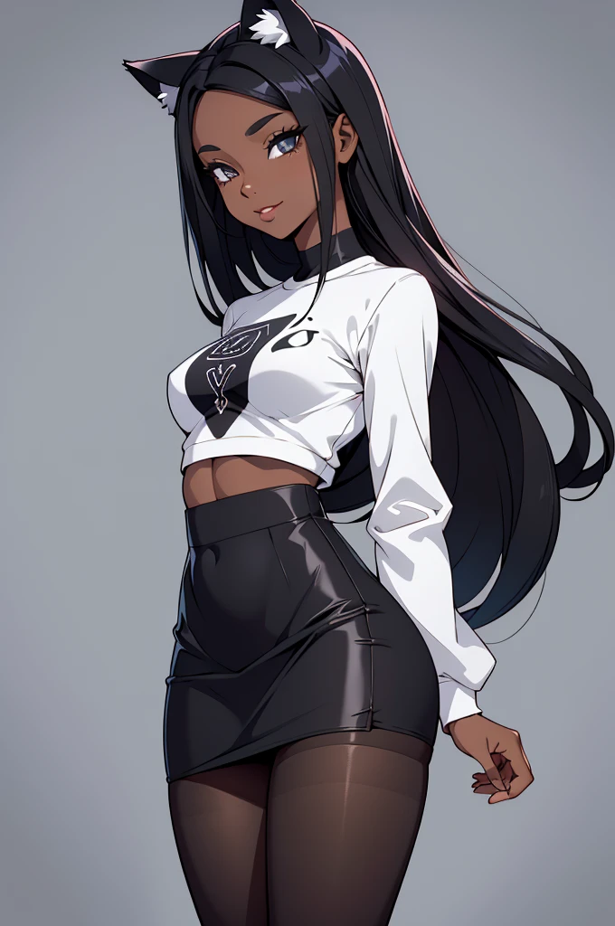 foto de corpo inteiro, todo o corpo , cat ears on the head of a beautiful young woman wearing a short skirt, usando meias preta longas e sueterpreto apertado ,corpo inteiro na foto,floresta a noite varias luzes,belas coxas, coxas lindas belhos olhos escuros detalhados, sueter branco apertado,maio apertado , tight pantyhose, mini saia , ceu limpo a noite com estrelas numa cidade noite,short curto linda jovem, olhos sedutores feminino.CABELO CURTO PRETO((CABELOS CURTO PRETO))salto alto, em pe, salto alto preto belos sorriso usando salto alto com meias preta longas, sueter branco,belos olhos detalhados,meias pretas longas apertadas, saia curta. salto alto preto, stocking black corpo inteiro a mostra, corpo completo na foto,sexy oculos e cabelo curto franja no rosto