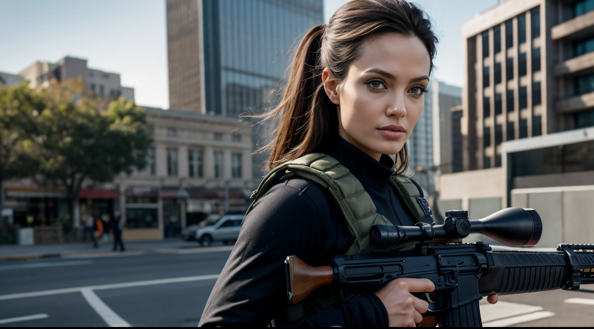 ​masterpiece,8K,ultra-detailliert,On the roof of a building,angelina jolie with a rifle,独奏,A woman aiming something with a rifle:1.3,(excluding sight:1,3)(Close one eye:1.3),focused shot, closeup portrait shot,navy blue bodysuit,black bulletproof vest,detailed rifle,MP7,police member,Firearm Photography,action movie,female lead character