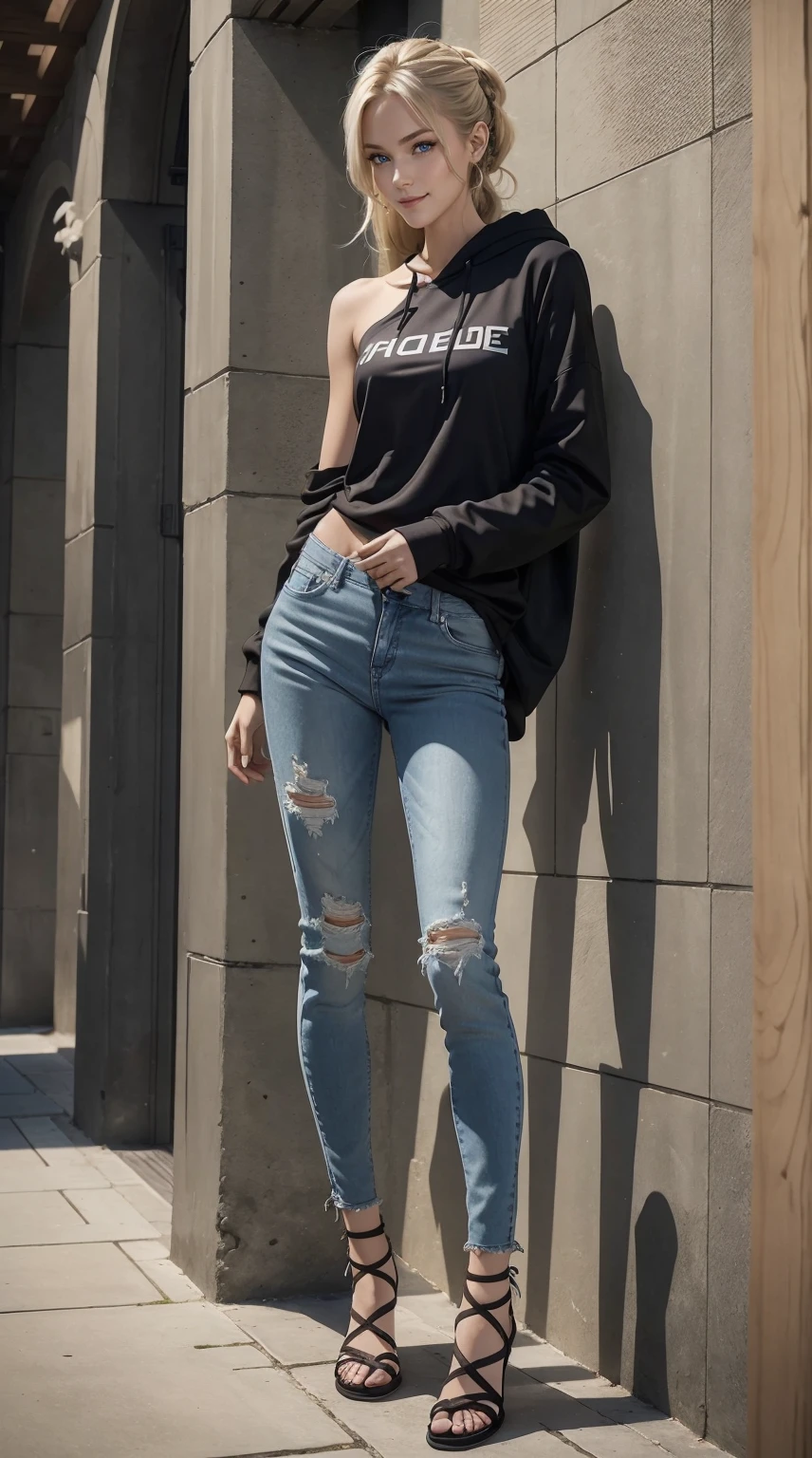 25-year-old Caucasian woman、bionde、blue eyess、Longhaire、I use a hair band to tie my hair together、a smile、My abs are cracked、accessories on the wrist、a smile、Slender but well-proportioned muscular body、I don&#39;t want my head to disappear from the screen.、She is wearing a one-shoulder shirt with a logo on it.、Wearing a hoodie and covering the hood、I&#39;m wearing low-rise skinny jeans、wearing lace-up sandals、Facing to the side、I&#39;m in the hallway of a stone building with ivy growing on it.