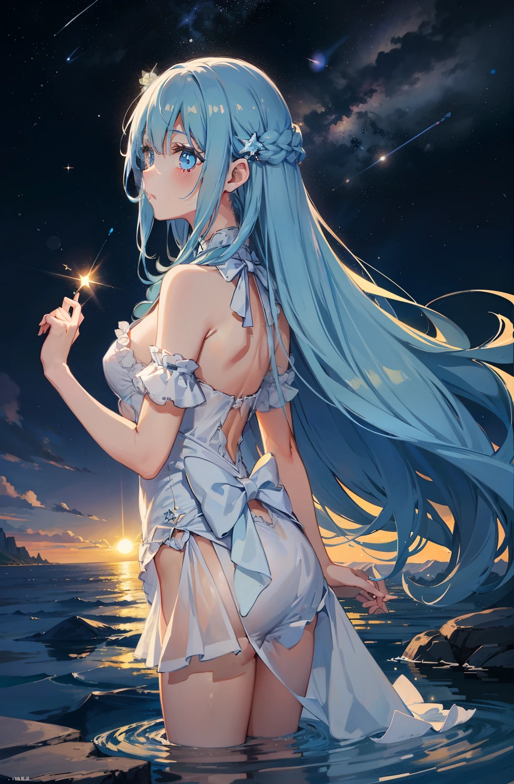 {{{masutepiece}}}, {{best qualtiy, An ultra-fine illustrations, beautifulanddelicatewater}}, {{very delicate light}}, {{Nature, Painting}}, {{Fine Lighting, More transparent stars, Quality Mountains々々々々々々々々, Very fine 8K PCG wallpaper}}, (plateau), Sunrise, randomly distributed clouds, cliff, ((Rotating starry sky)), ((Lake of the mountain stream)), Beautiful girl with long light blue hair with luminous particles、Twin-tailed