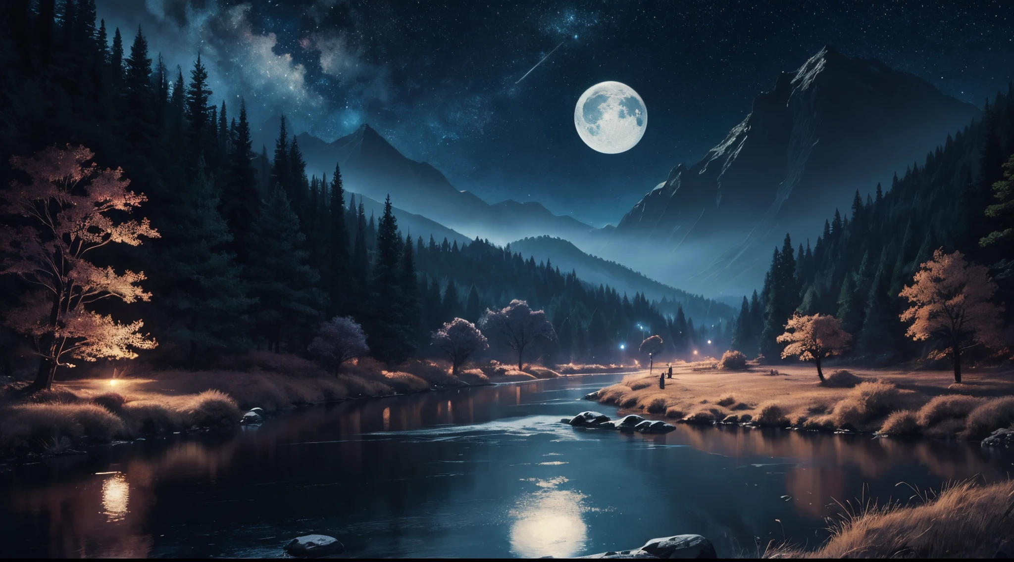 A painting of a river with stars and moon in the sky, concept art inspired by Tosa Mitsuoki, pixiv contest winner, best quality, fantasy art, beautiful anime scene, a bright moon, moonlit starry environment, dream painting, Anime Background Art, Fantasy Landscape Art, Fantasy Night, Anime Background, Background Artwork, Fantastic Art, Atmospheric Anime, Starry Sky, Detail Enhanced.